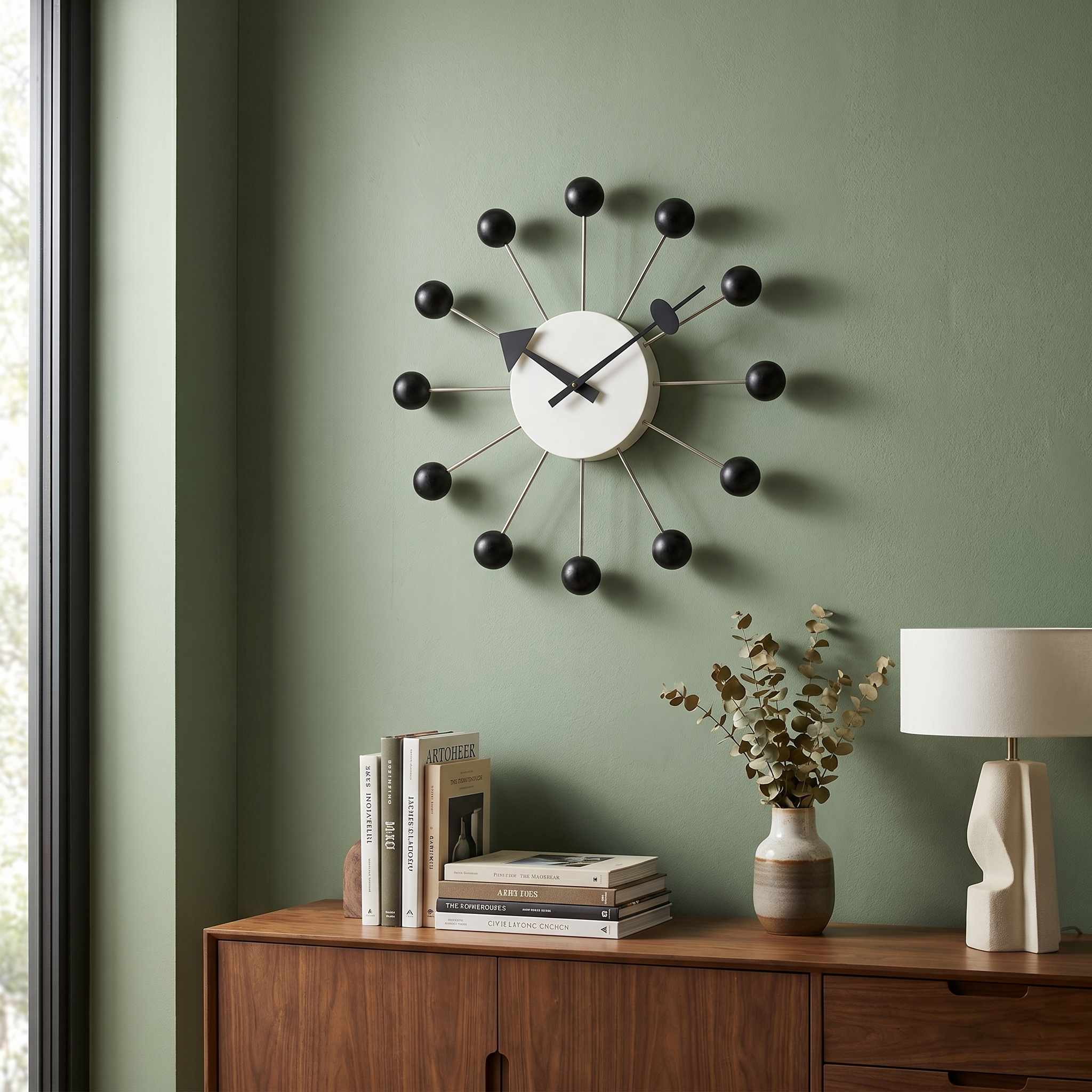 Ball Wall Clock, Metal and Wood, Silent Quartz, 33 x 33 cm, Nine Colors