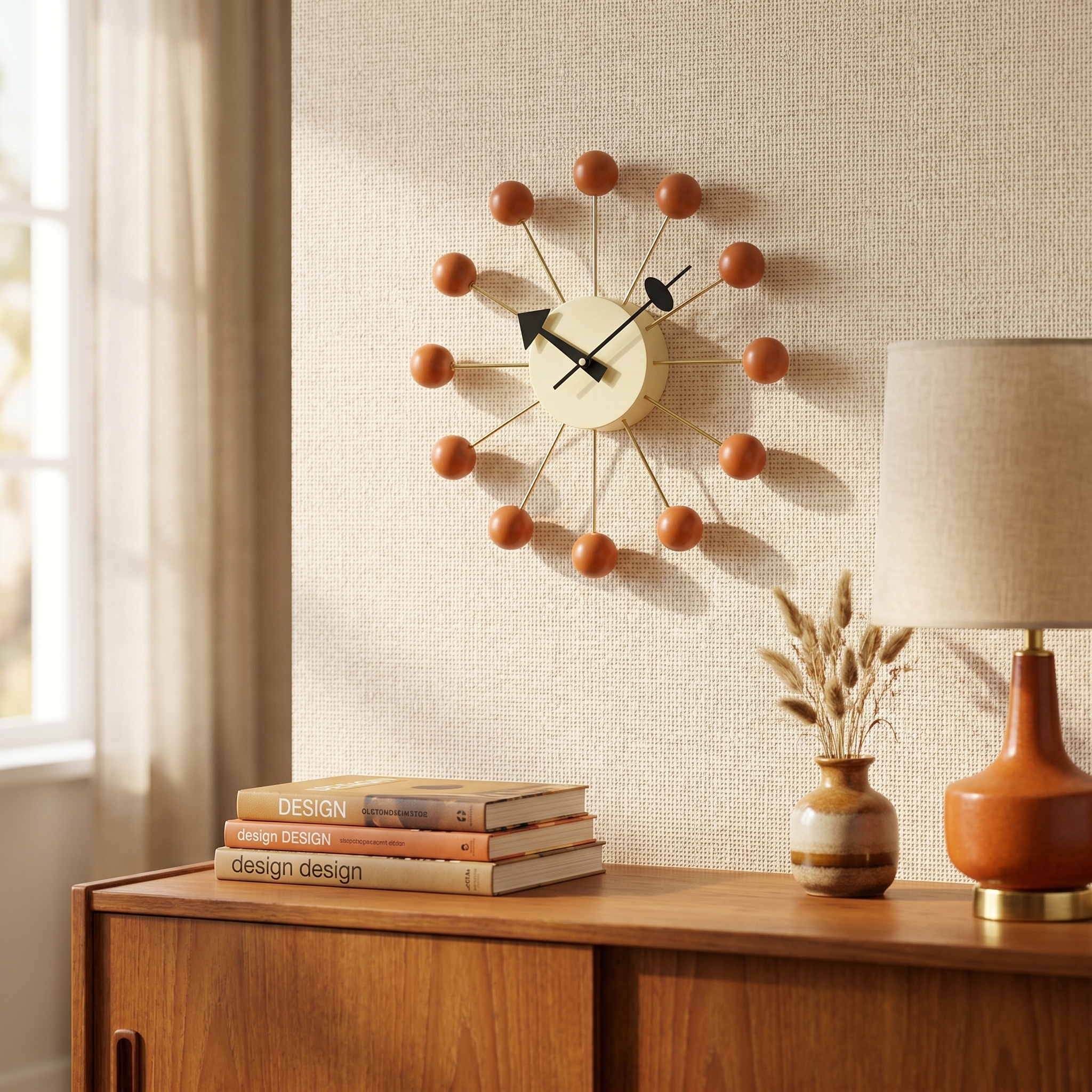 Ball Wall Clock, Metal and Wood, Silent Quartz, 33 x 33 cm, Nine Colors