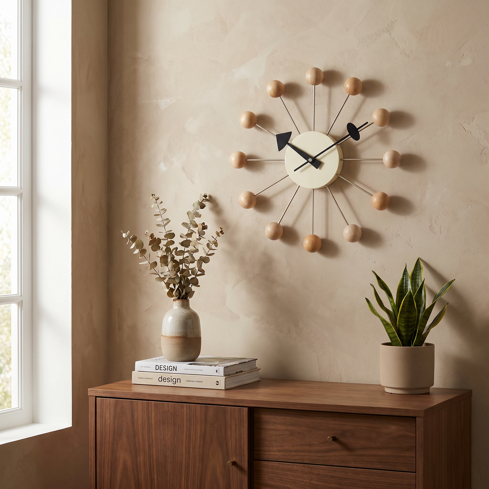 Ball Wall Clock, Metal and Wood, Silent Quartz, 33 x 33 cm, Nine Colors