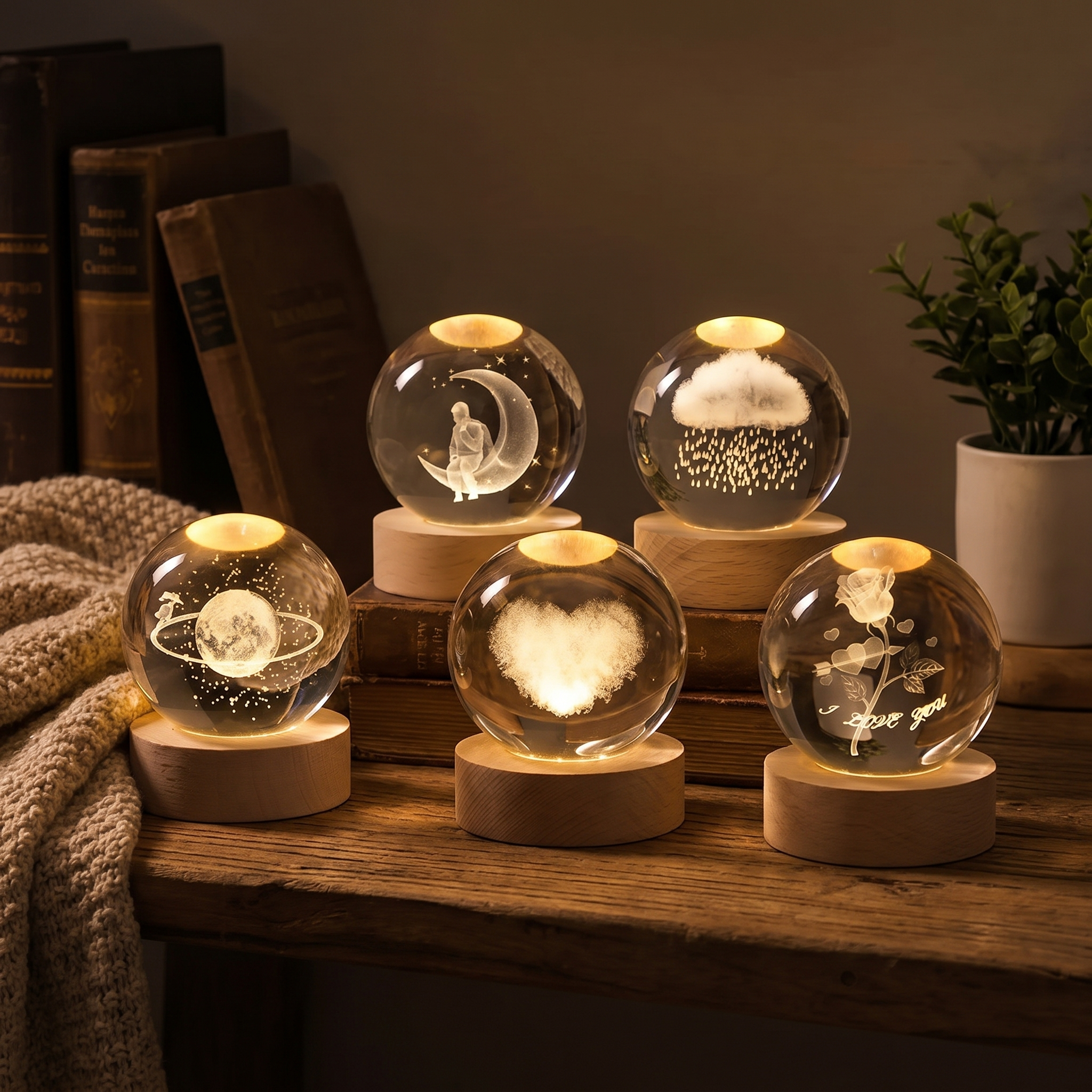 Crystal Ball Lamp, 3D Engraved, Solid Wood and Glass, Warm White LED
