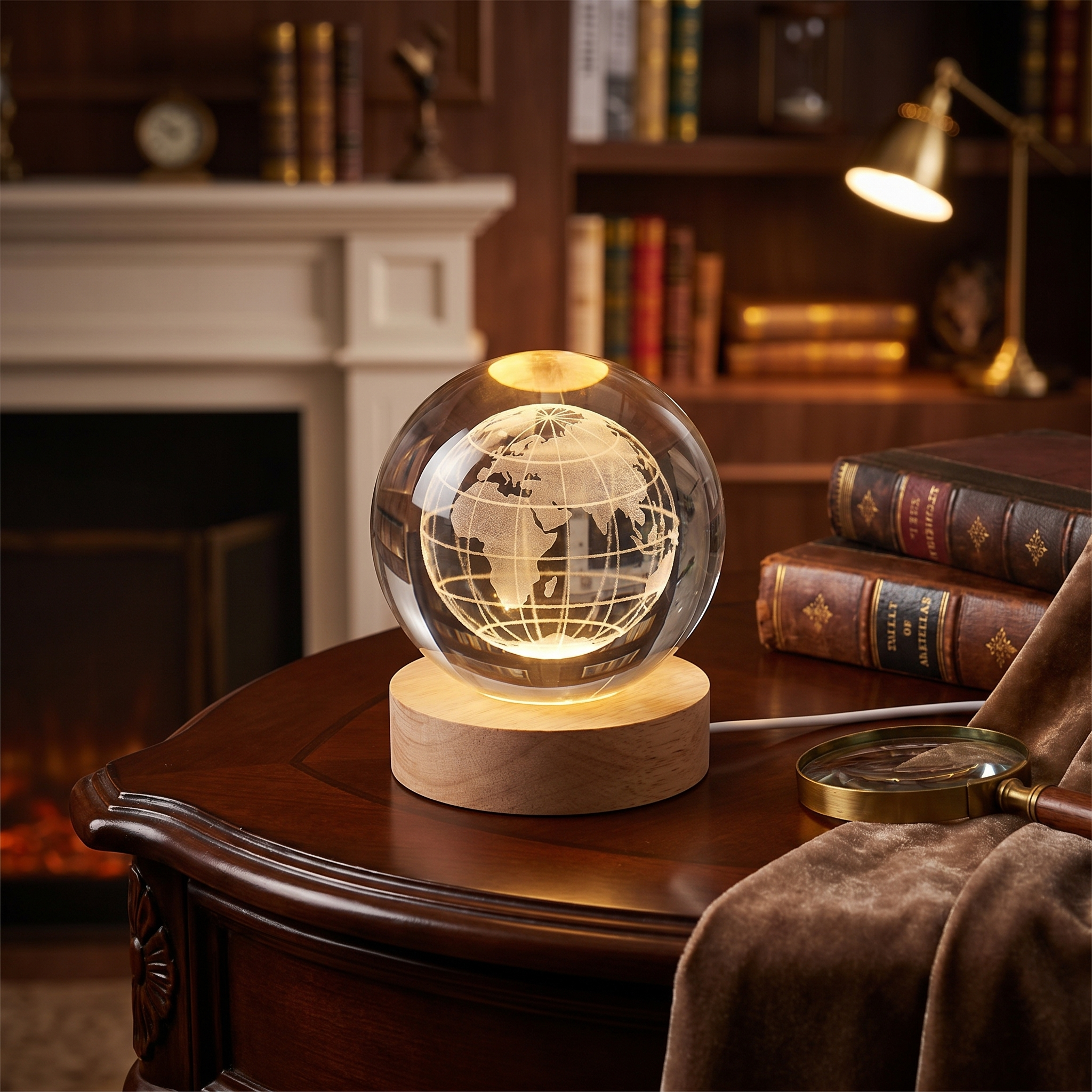 Crystal Ball Lamp, 3D Engraved, Solid Wood and Glass, Warm White LED