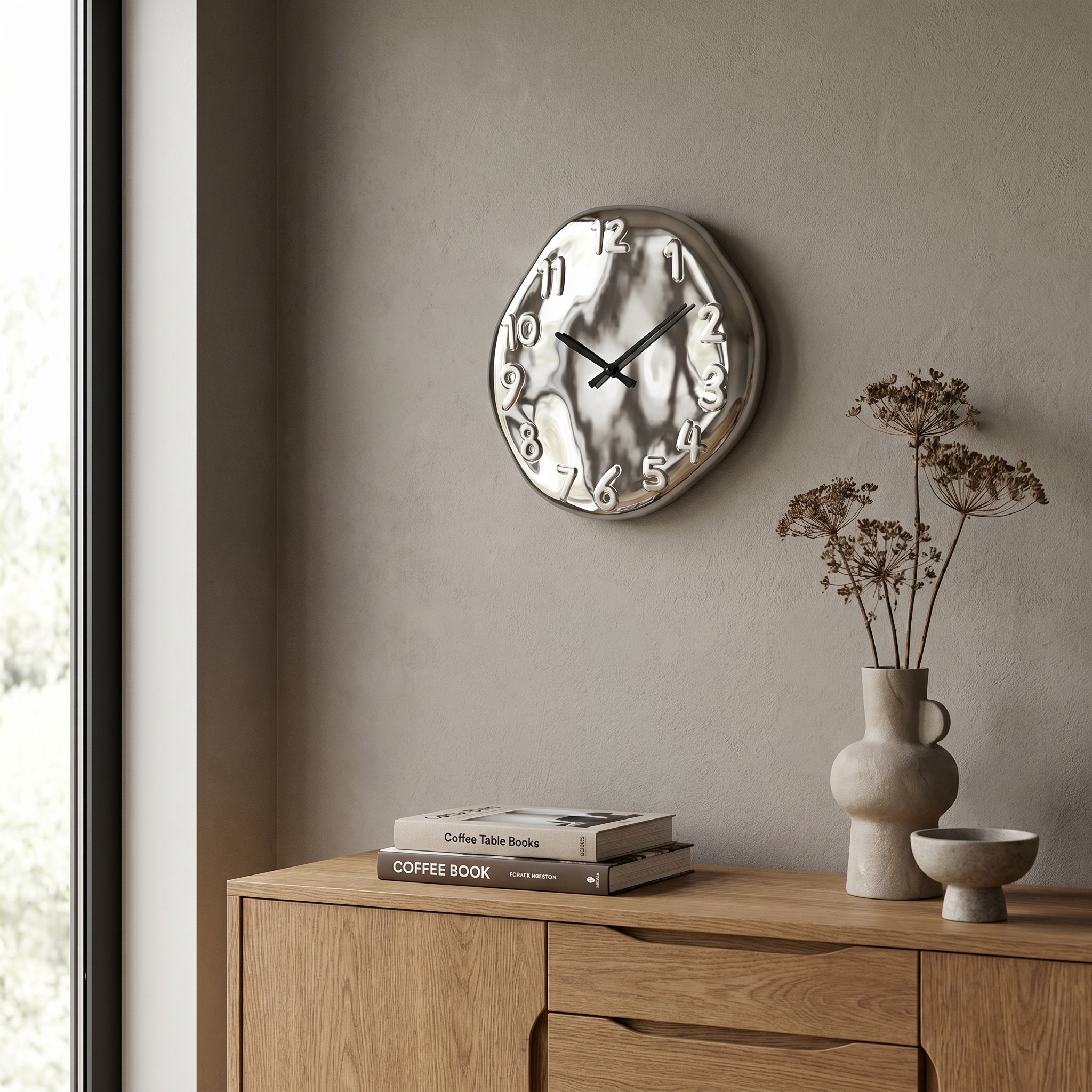 Chrome Ceramic Wall Clock, Silent Quartz, Handcrafted, 9.5 x 8.7 Inches