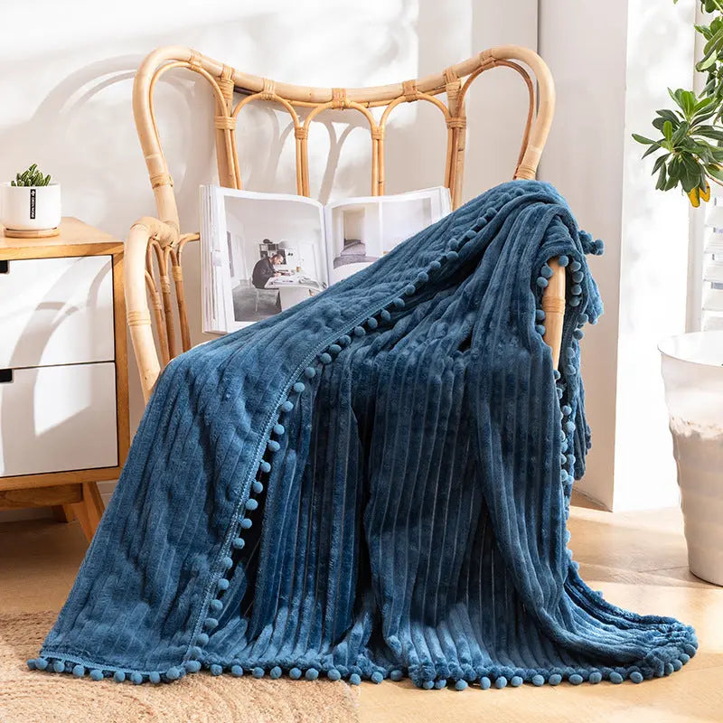 Velvet Pom Fringe Flannel Throw Blanket, Striped
