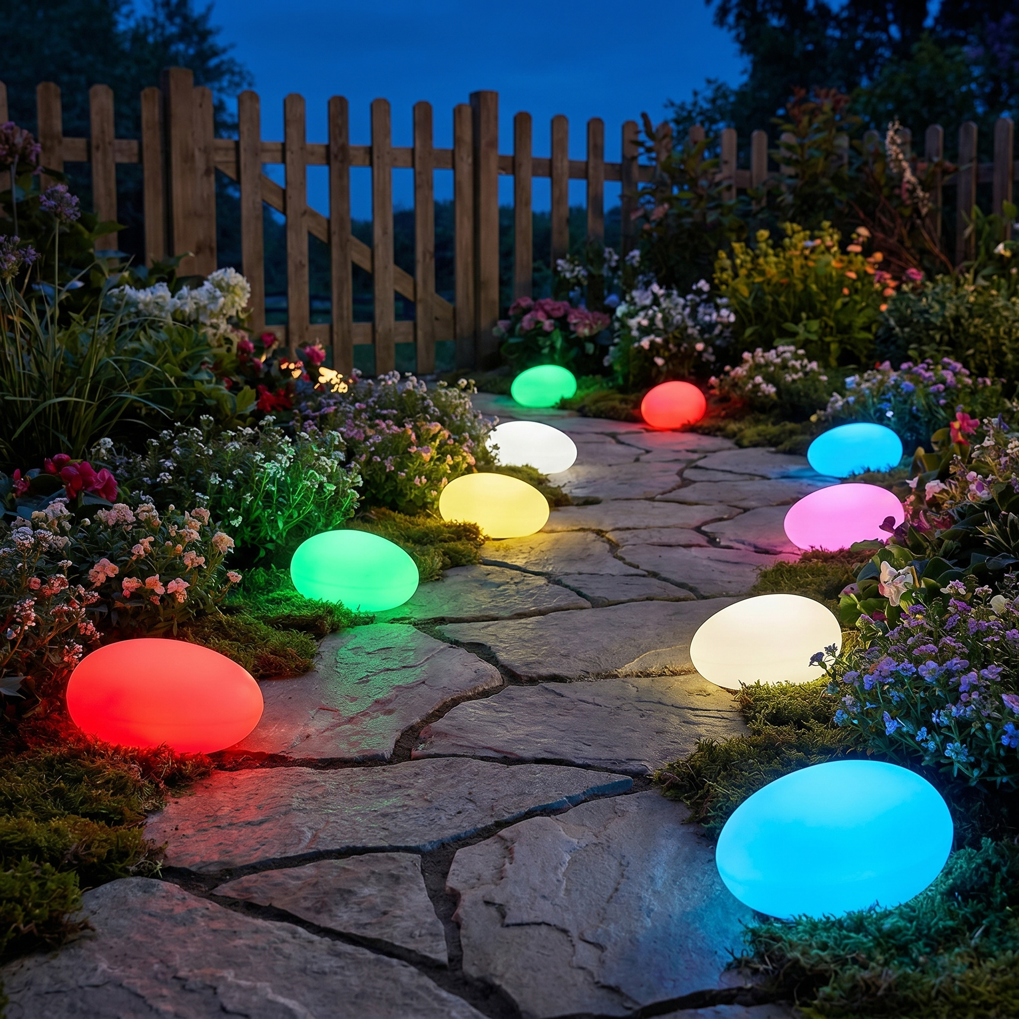 Cobblestone Garden Light, 16-Color LED, Remote Control, USB-C or Solar