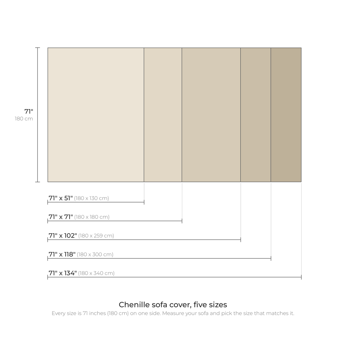Chenille sofa cover sizes: 71 inches by 51, 71, 102, 118 or 134 inches