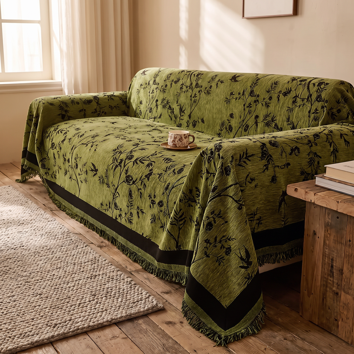 Chenille sofa cover draped over the seat cushions and back of a sofa