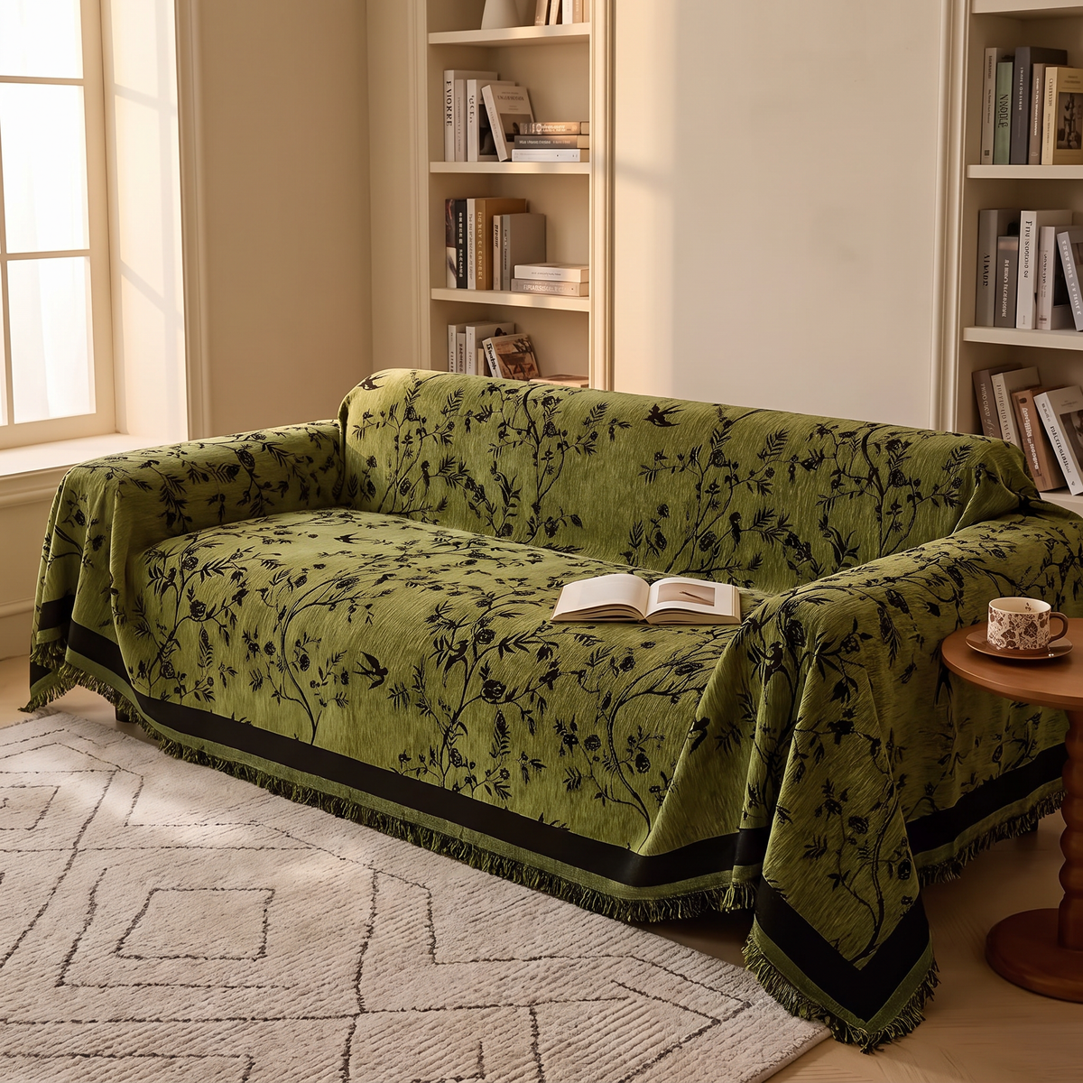 Chenille sofa cover in olive green with a floral jacquard on a sofa in a reading nook with bookshelves