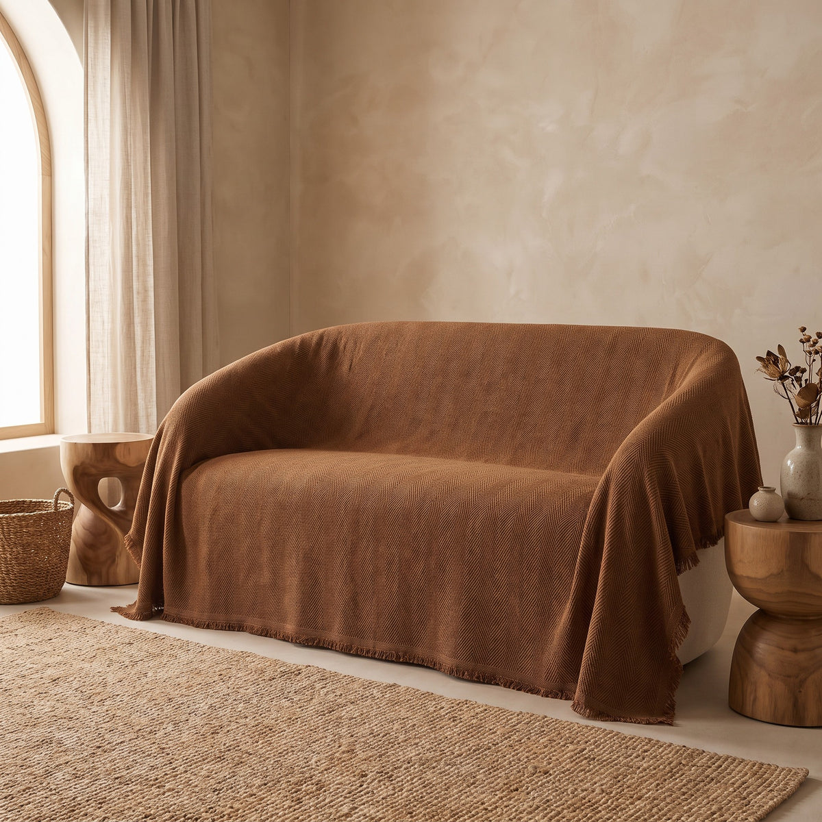 Sofa Cover in Brown on a sofa in a living room