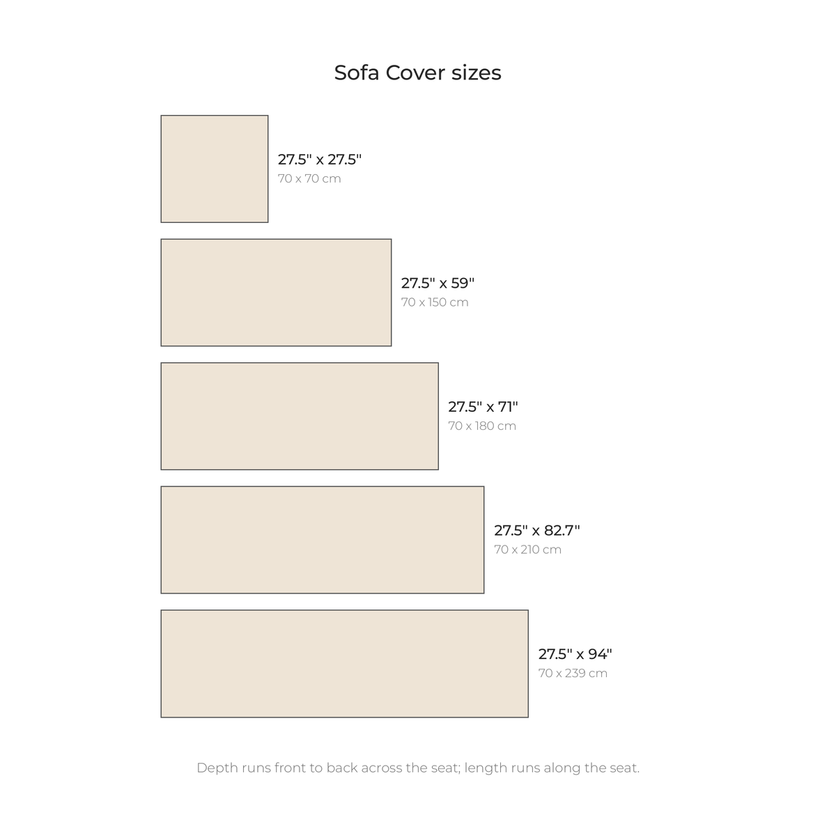 Sofa Cover sizes drawn to scale with inches and centimeters