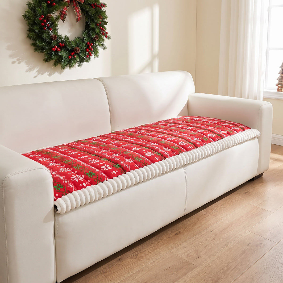 Sofa Cover in Red on a sofa, dresses the sofa seat