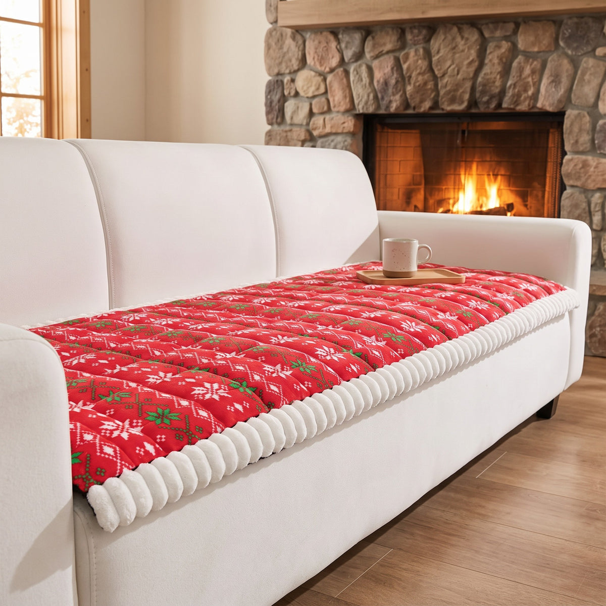 Sofa Cover in Red on a sofa, thick and quilted