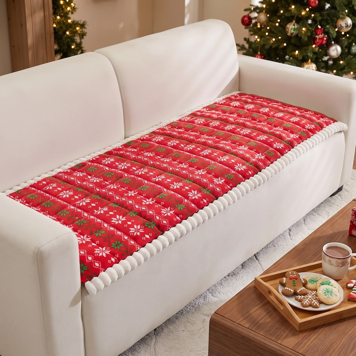 Sofa Cover in Red on a sofa, stays put, washes easily