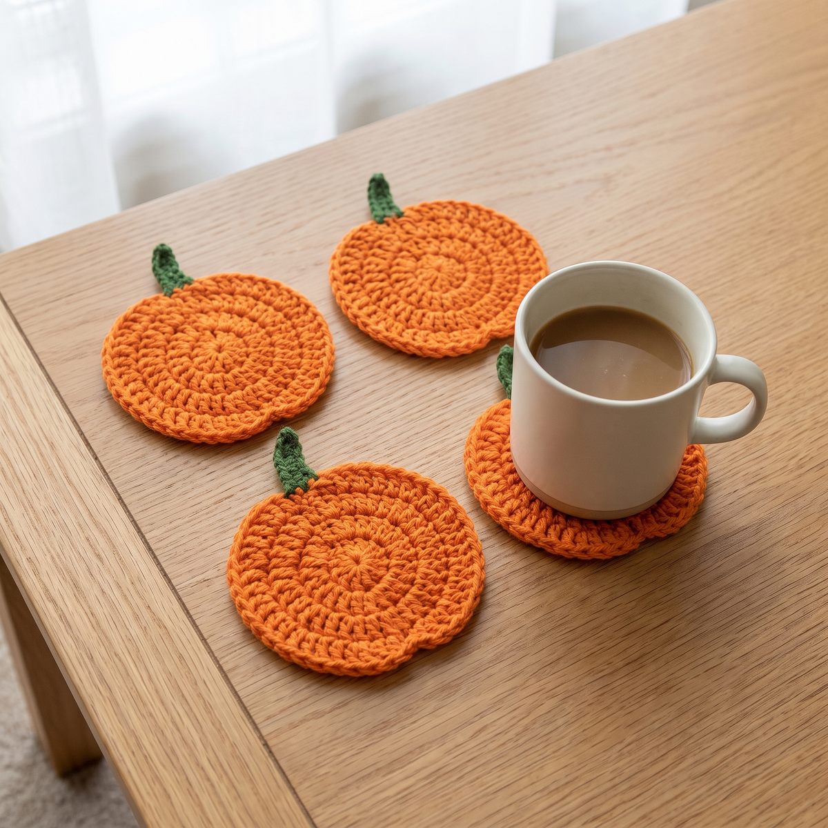 Four orange crochet pumpkin coasters on a light oak coffee table with a mug of coffee