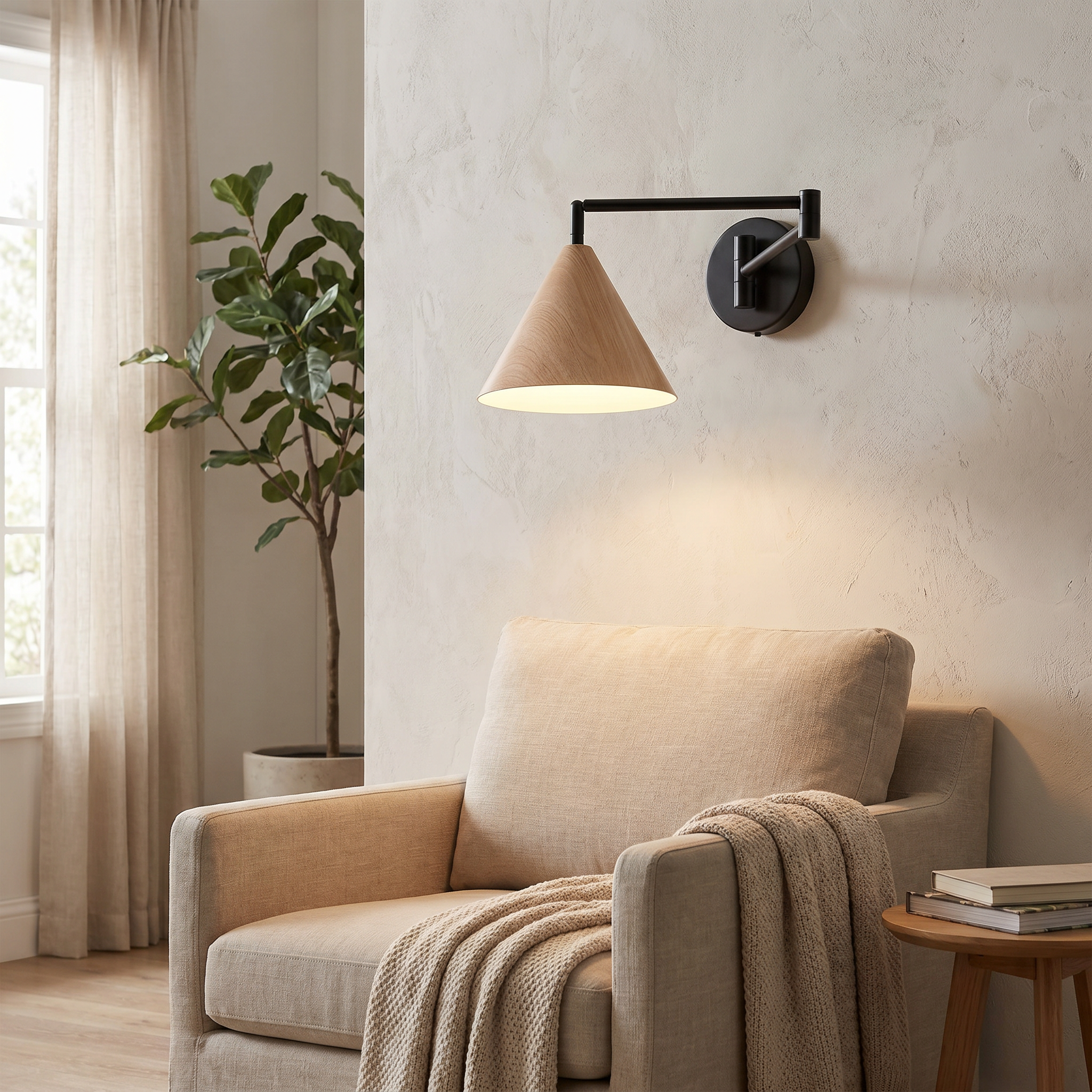 Cone Swing Arm Wall Sconce, Iron, E26, Walnut or Wood, 3000K or 5000K