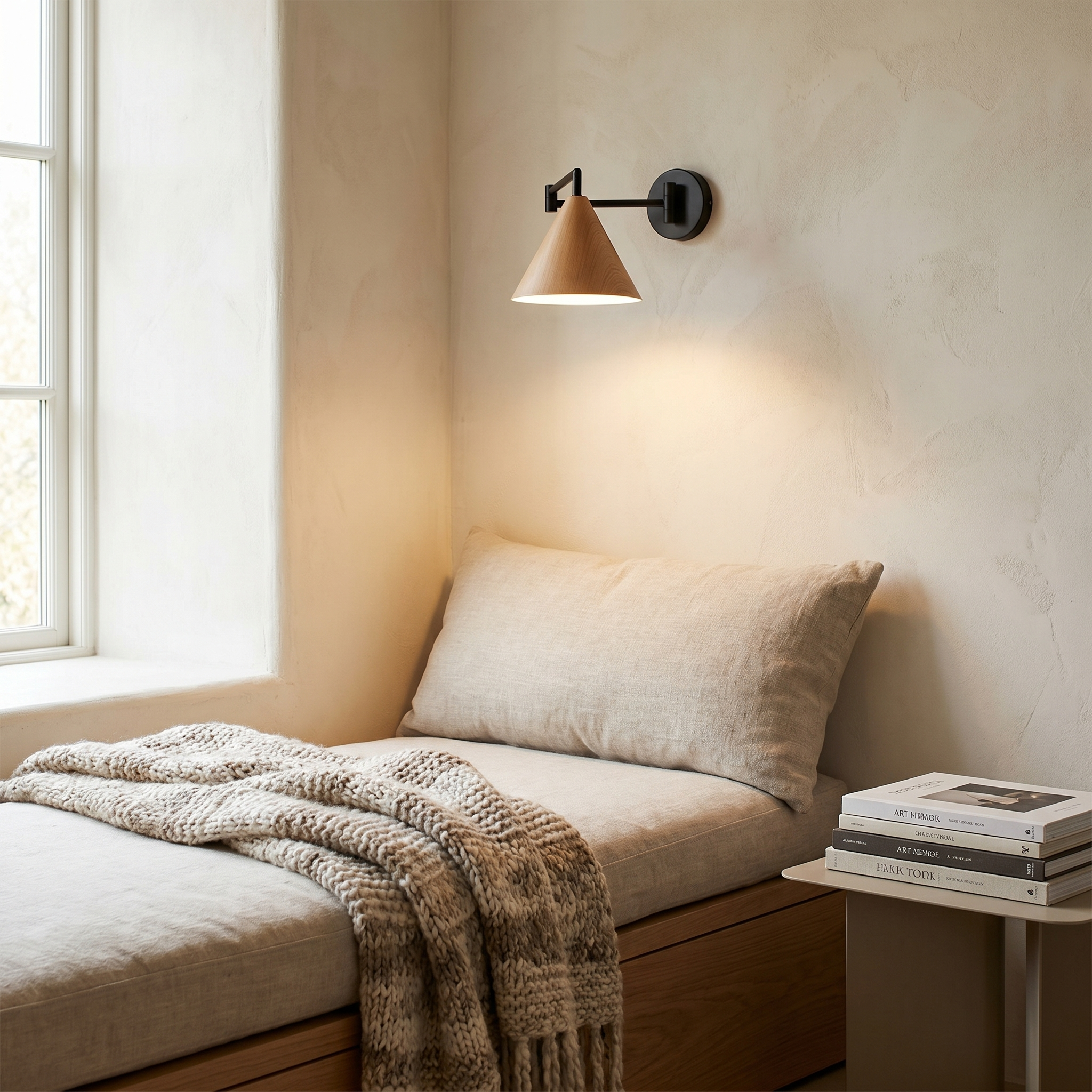 Cone Swing Arm Wall Sconce, Iron, E26, Walnut or Wood, 3000K or 5000K