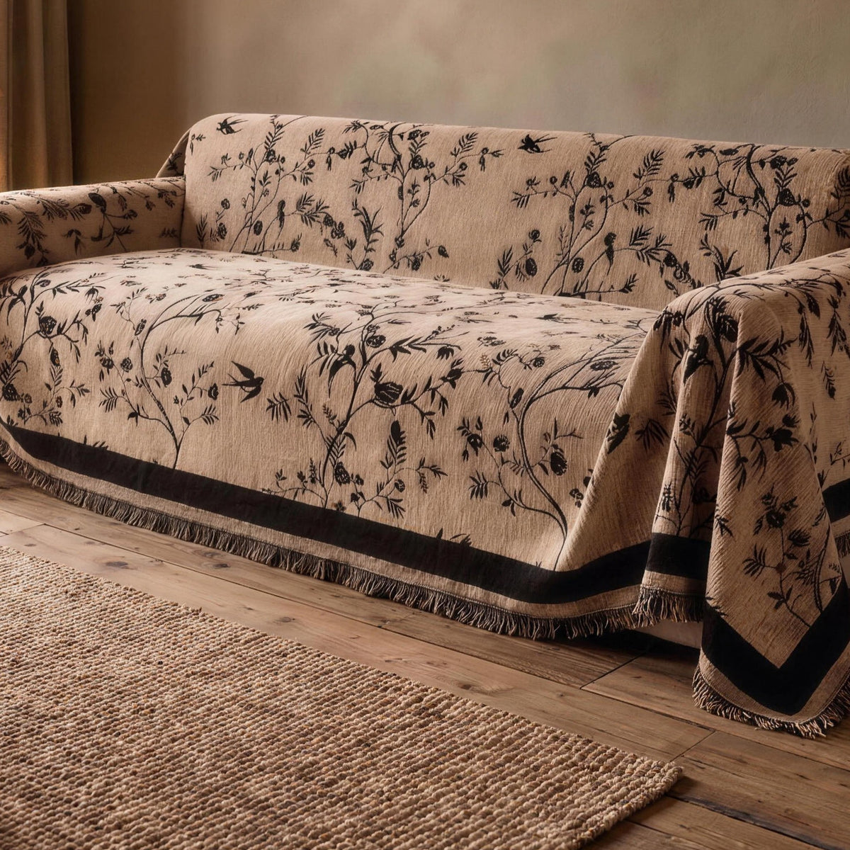 Chenille sofa cover in Beige with a black floral jacquard on a sofa