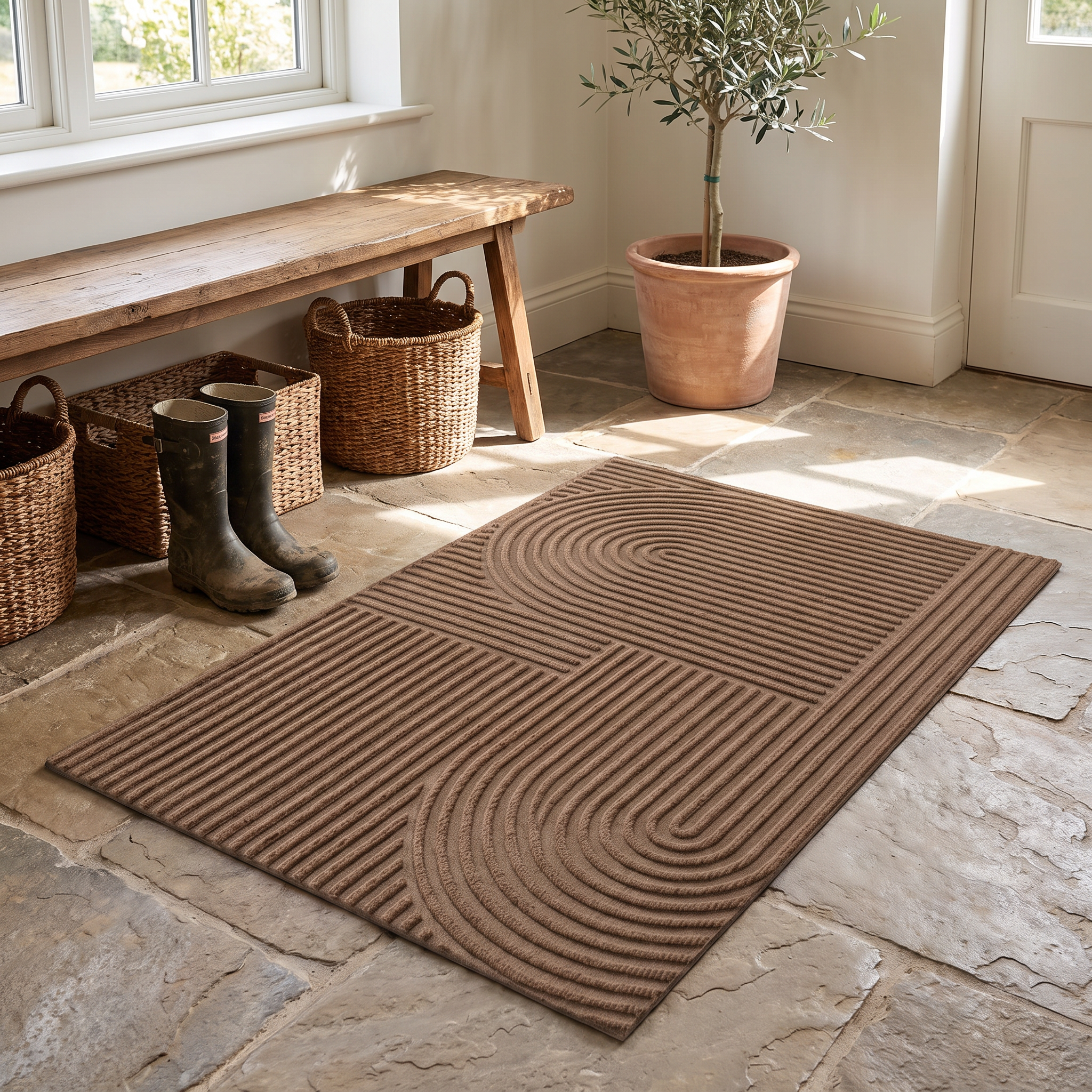 Curved Thread Line Door Mat, Ribbed Low-Profile