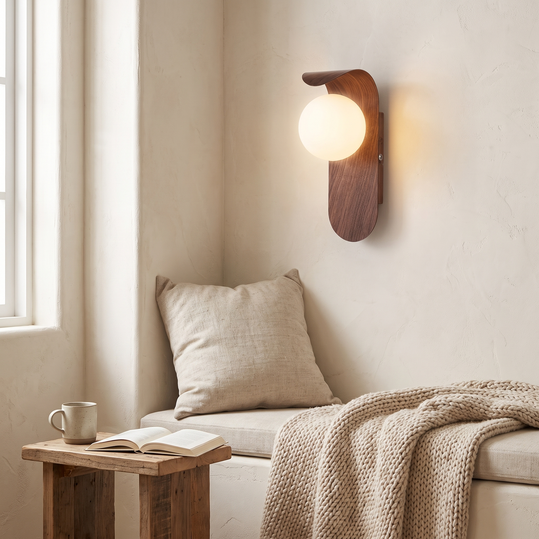 Carlyle Wall Lamp, Frosted Glass Globe, Wood-Tone Finish