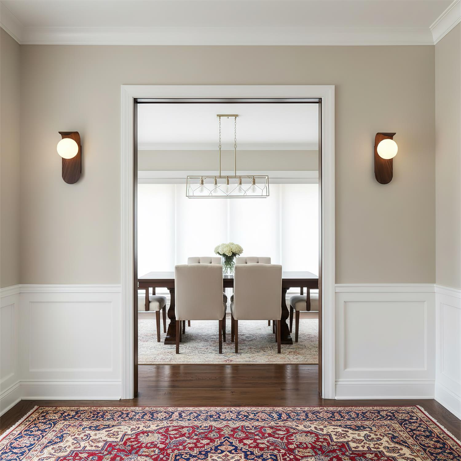 Carlyle Wall Lamp, Frosted Glass Globe, Wood-Tone Finish
