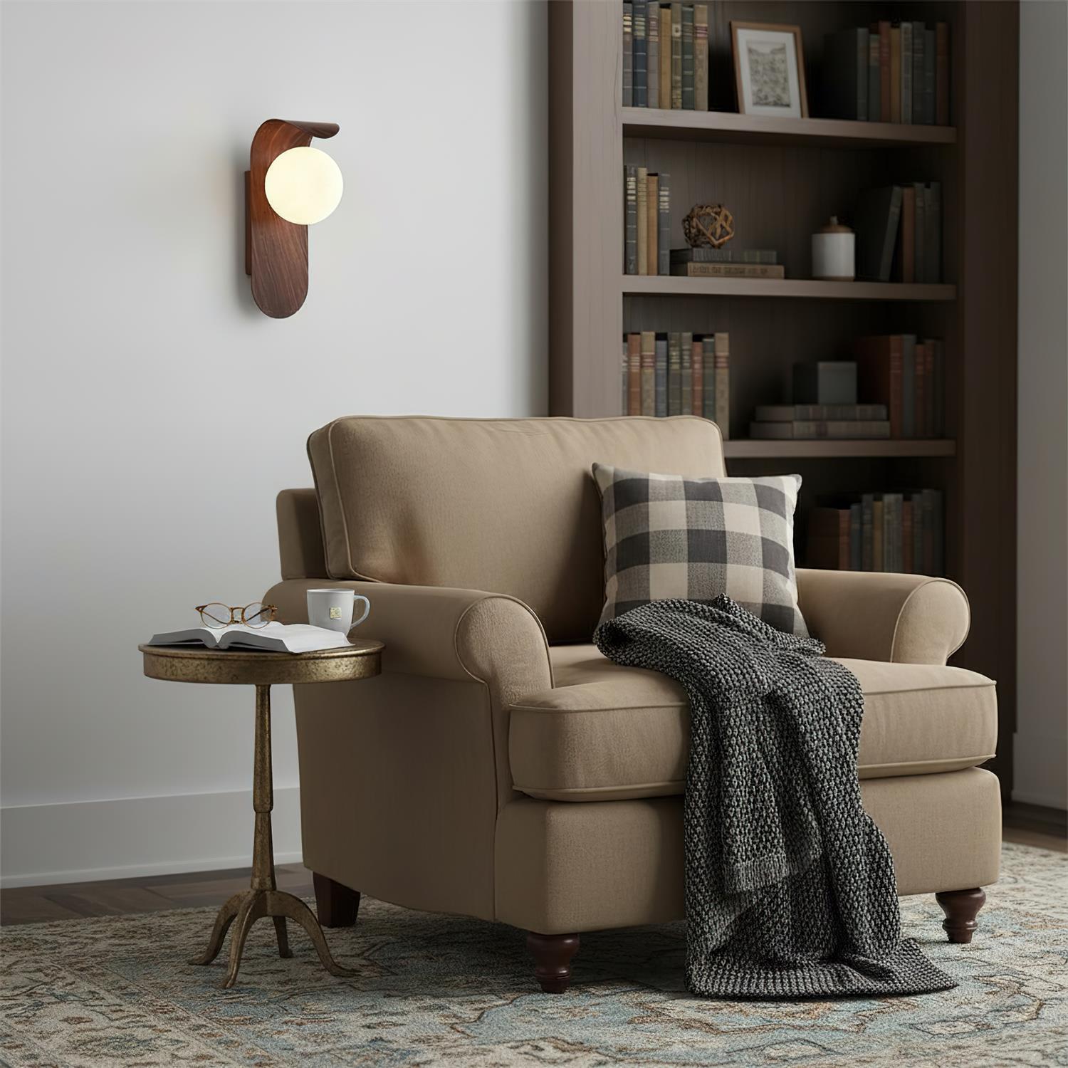 Carlyle Wall Lamp, Frosted Glass Globe, Wood-Tone Finish