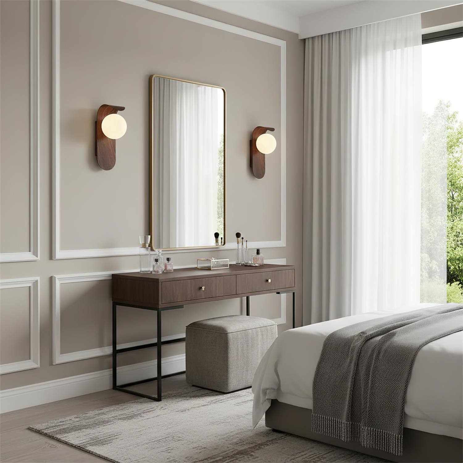Carlyle Wall Lamp, Frosted Glass Globe, Wood-Tone Finish