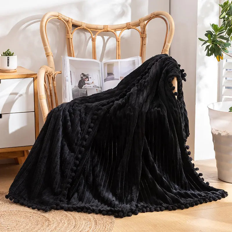 Velvet Pom Fringe Flannel Throw Blanket, Striped