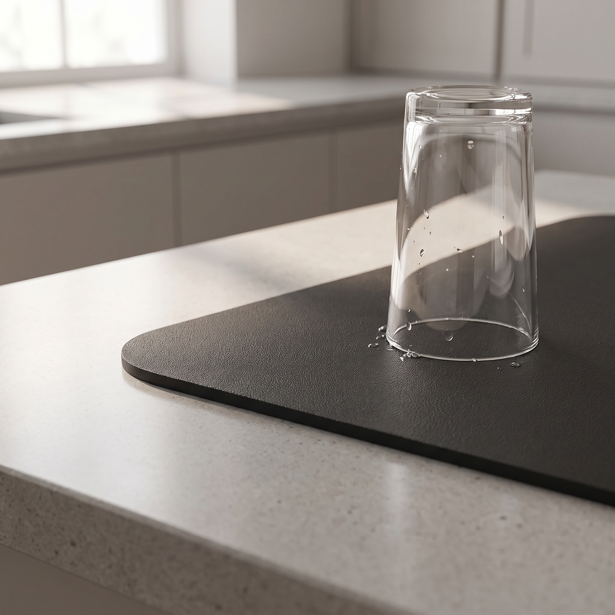 Close view of the black mat corner with an upturned glass