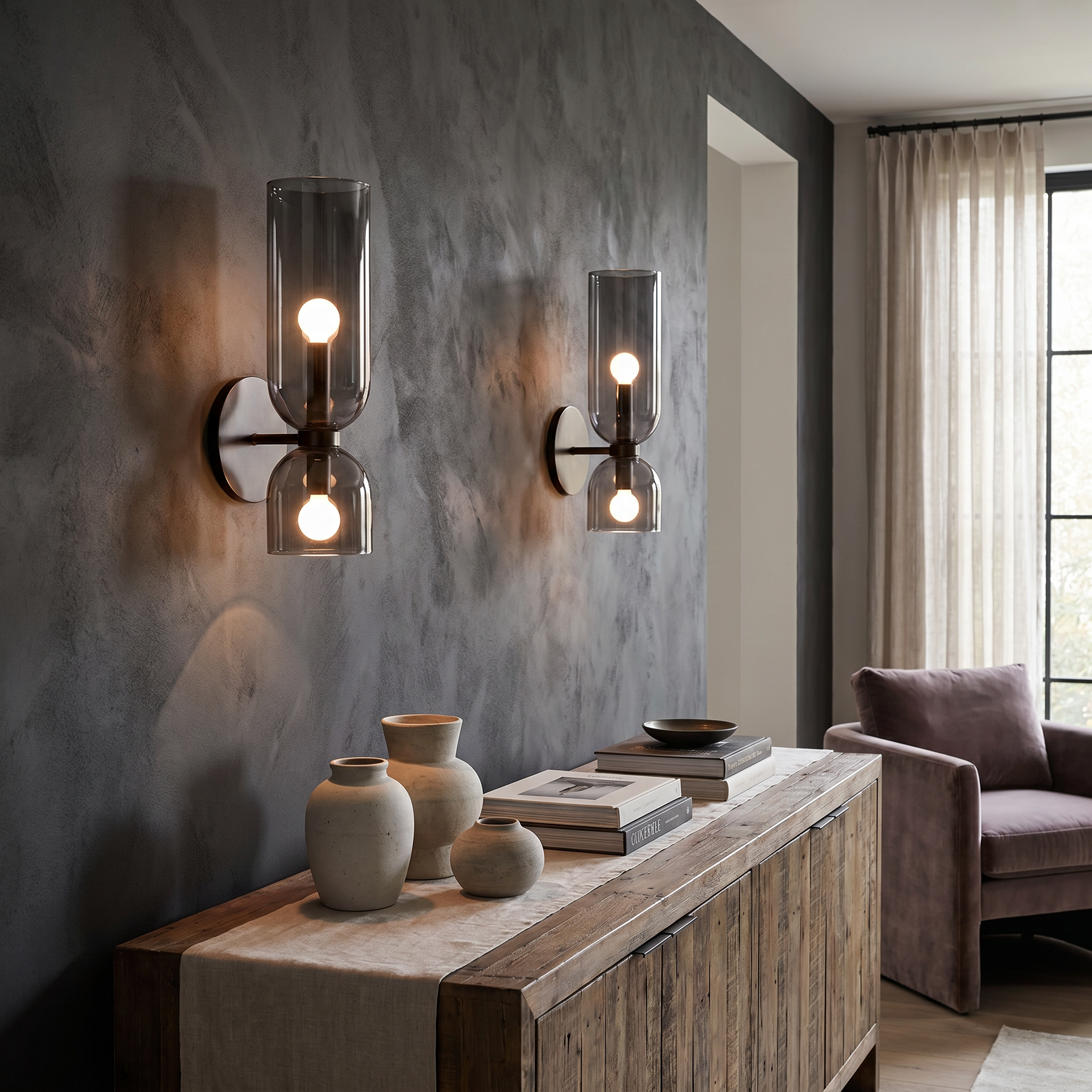 Double Shade Glass Wall Lamp, Iron, E14, Gray, White, or Clear