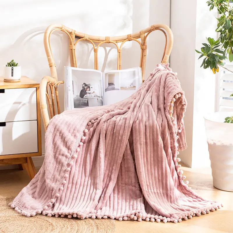 Velvet Pom Fringe Flannel Throw Blanket, Striped