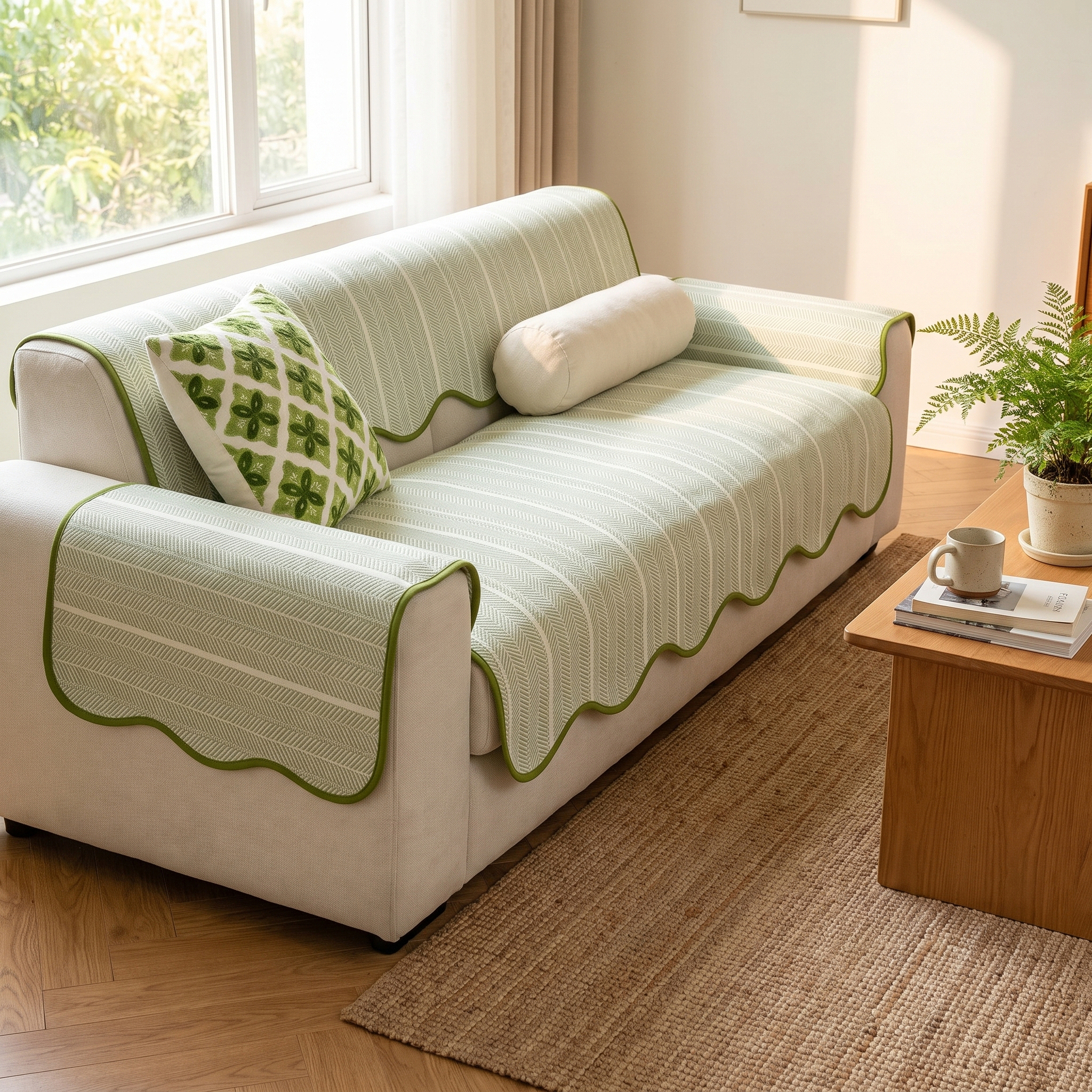 Elowen Herringbone Sofa Cover, Scalloped Edge Microfiber