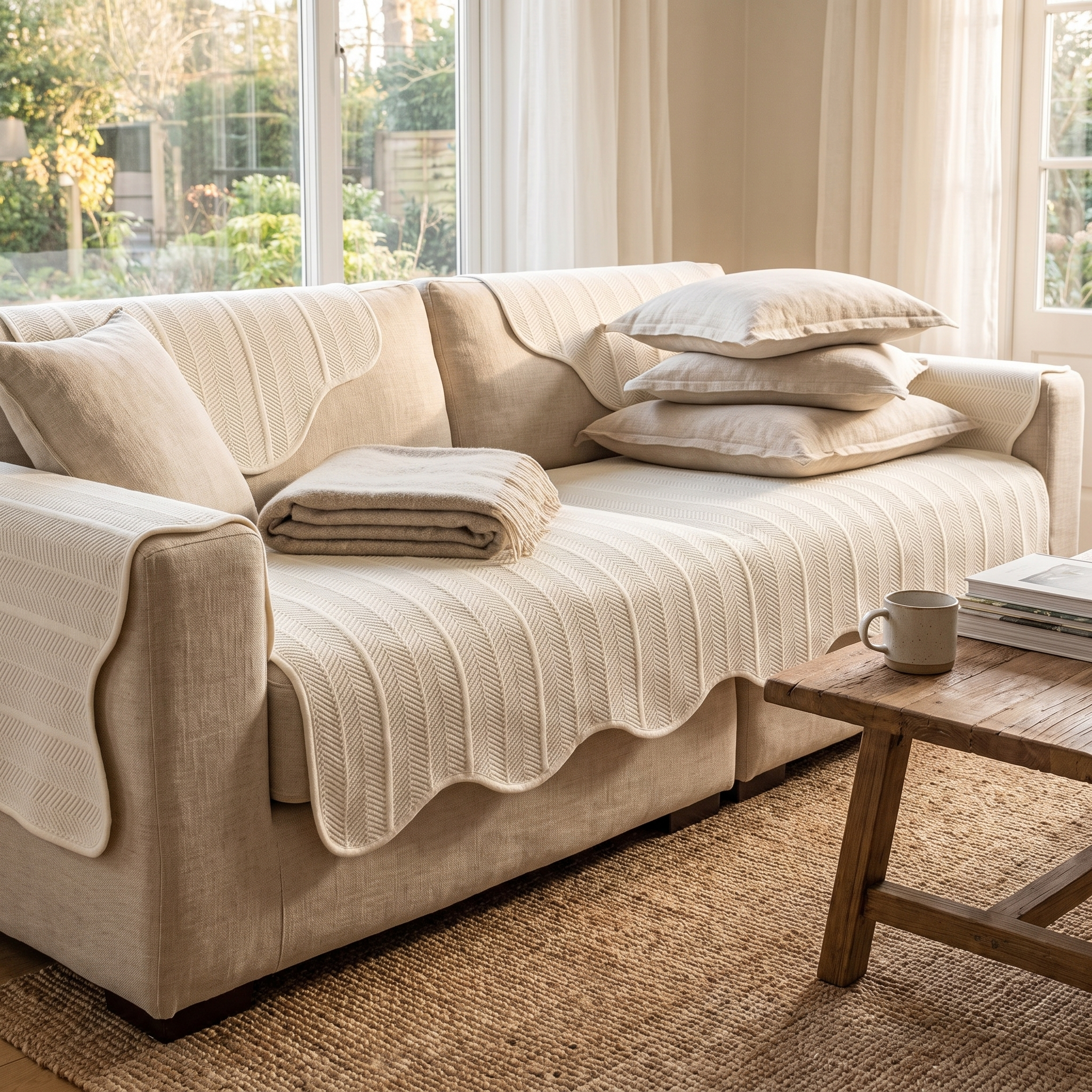 Elowen Herringbone Sofa Cover, Scalloped Edge Microfiber