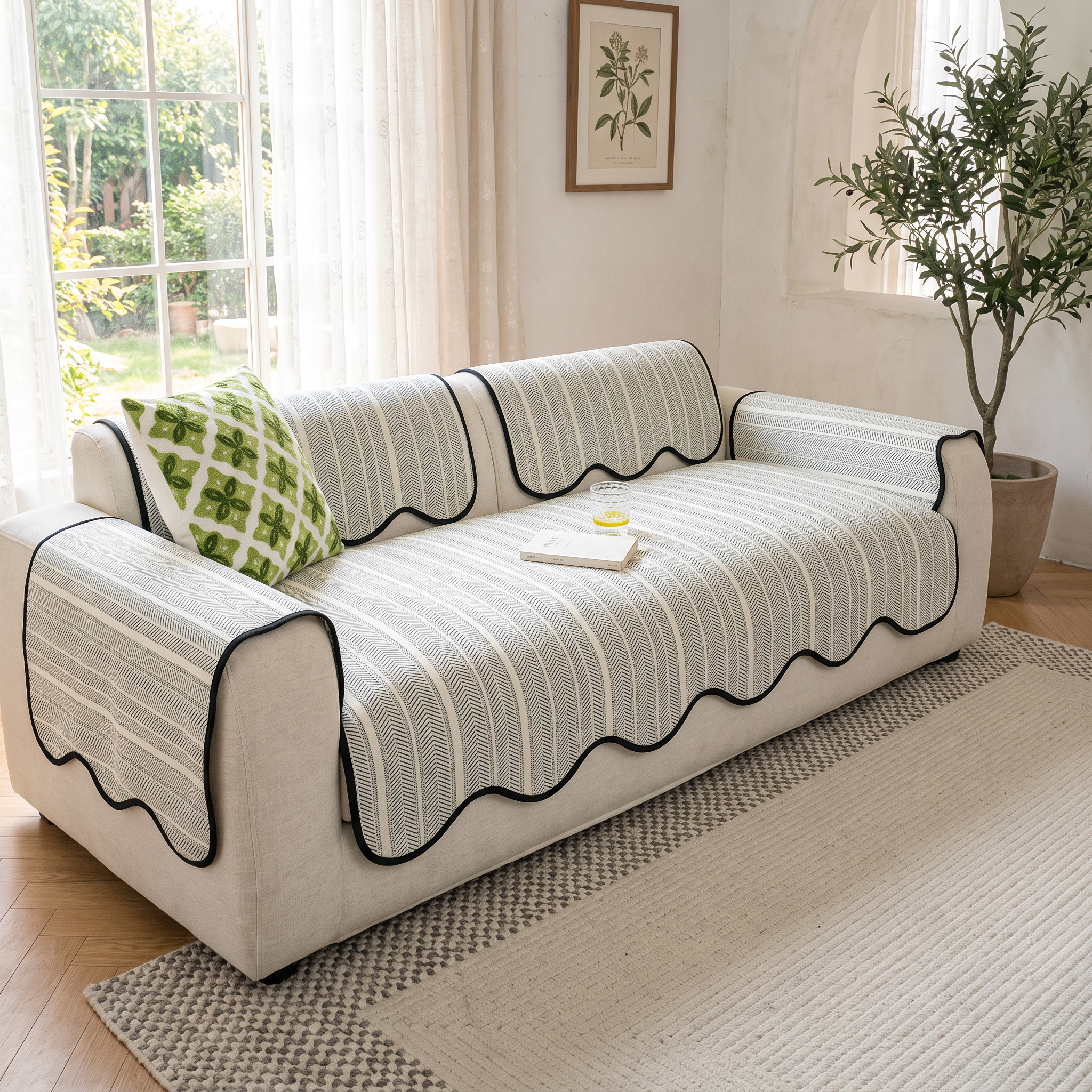 Elowen Herringbone Sofa Cover, Scalloped Edge Microfiber