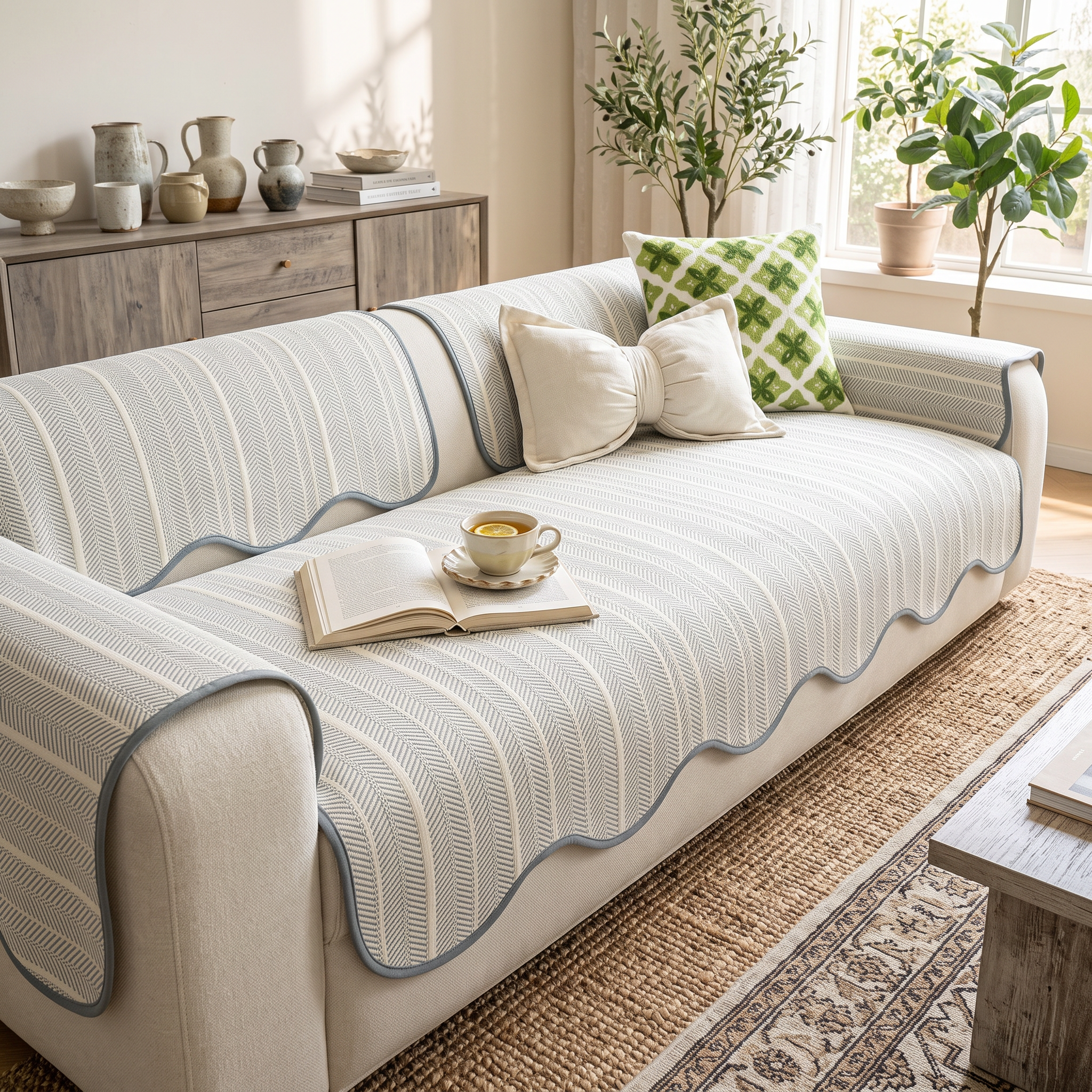 Elowen Herringbone Sofa Cover, Scalloped Edge Microfiber