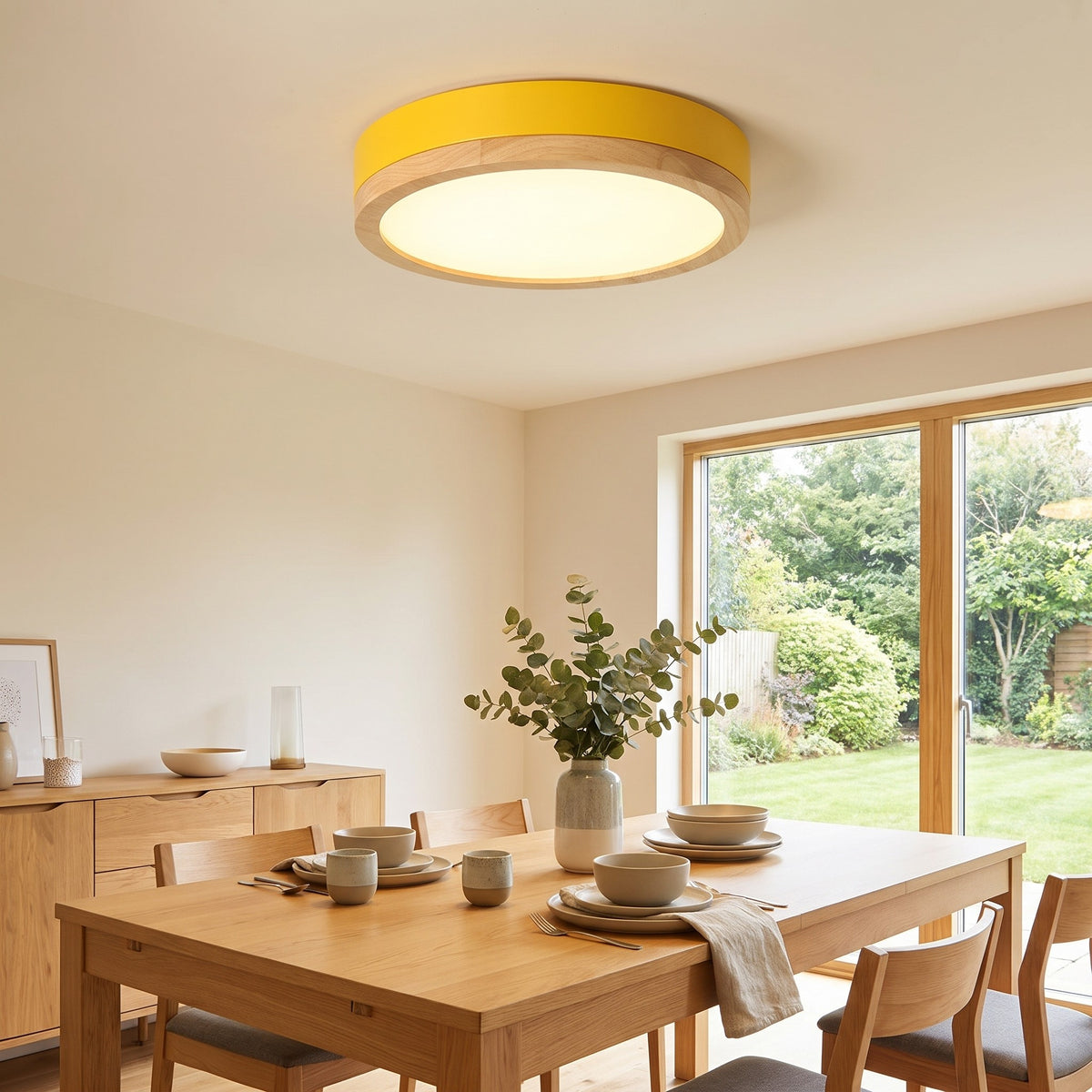 Yellow Eila round ceiling light above a dining table