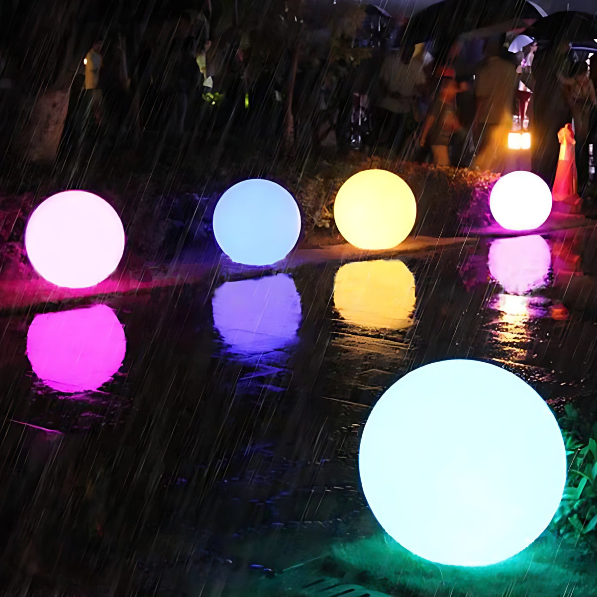 Ellen globe garden lights glowing in color in the rain
