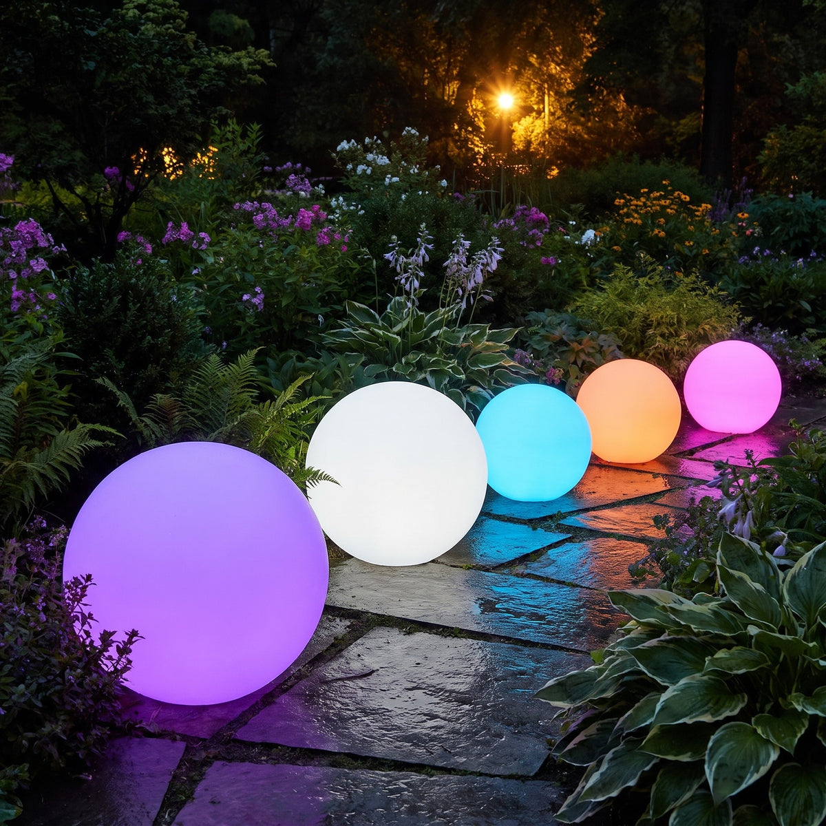 Ellen globe garden lights glowing in purple, white, blue, orange and pink along a garden path