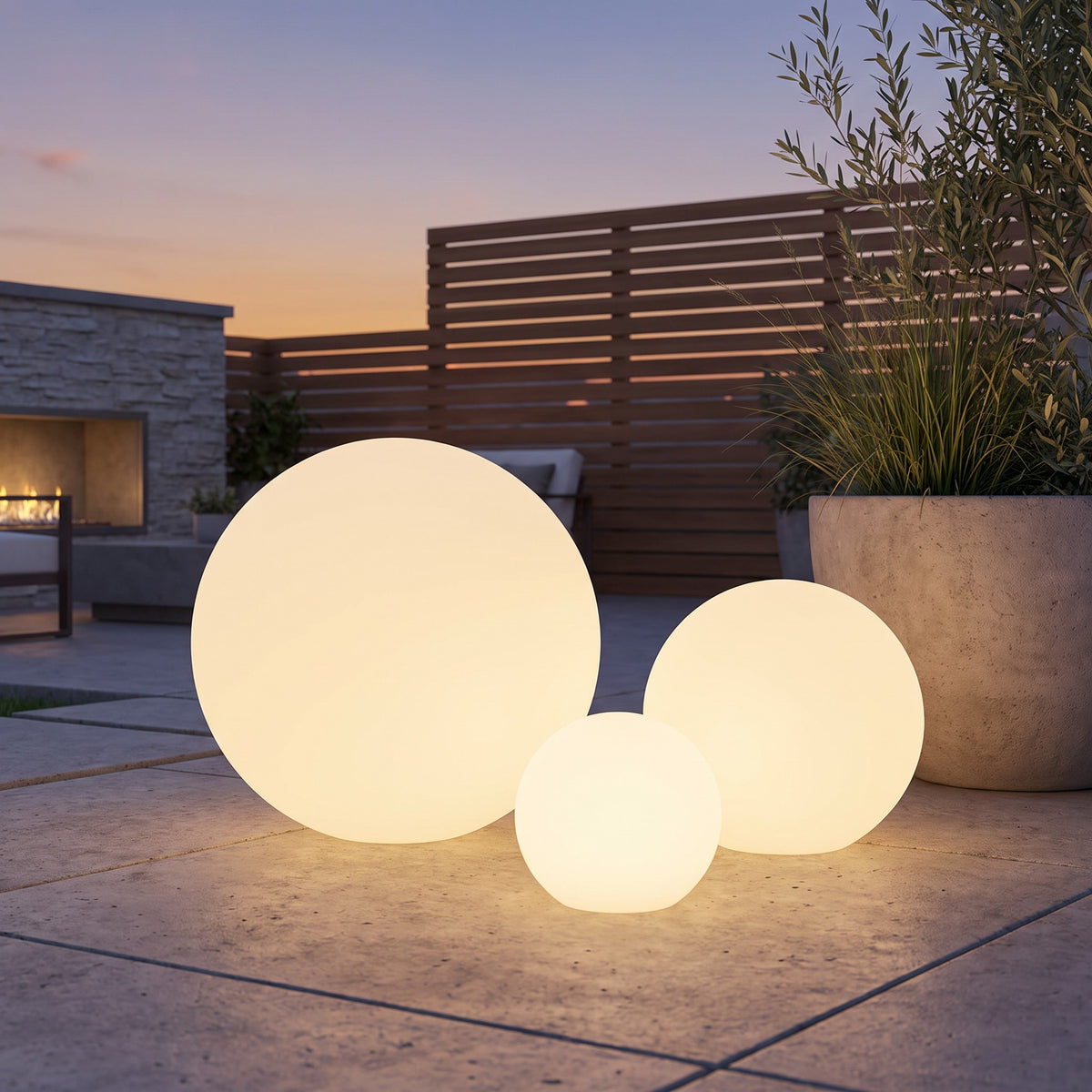 Three Ellen globe garden lights in different sizes glowing on a patio at dusk