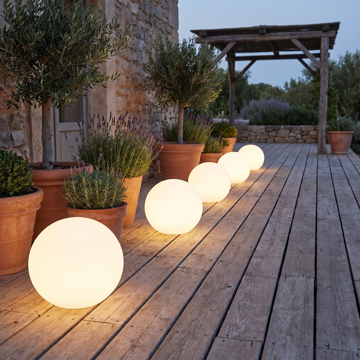 Row of Ellen globe garden lights glowing along a wooden deck