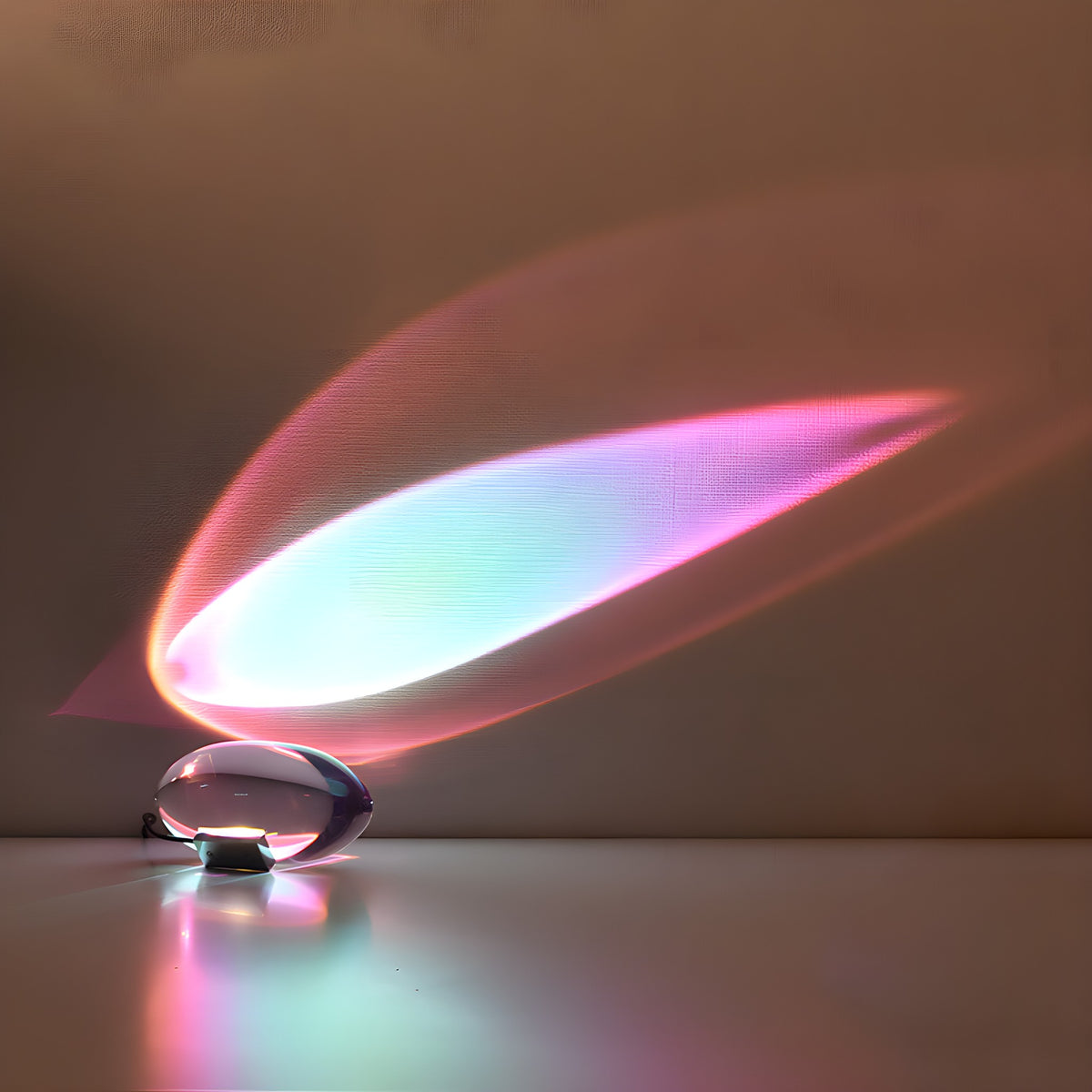 Elna projection lamp casting multicolor light across a wall from a table