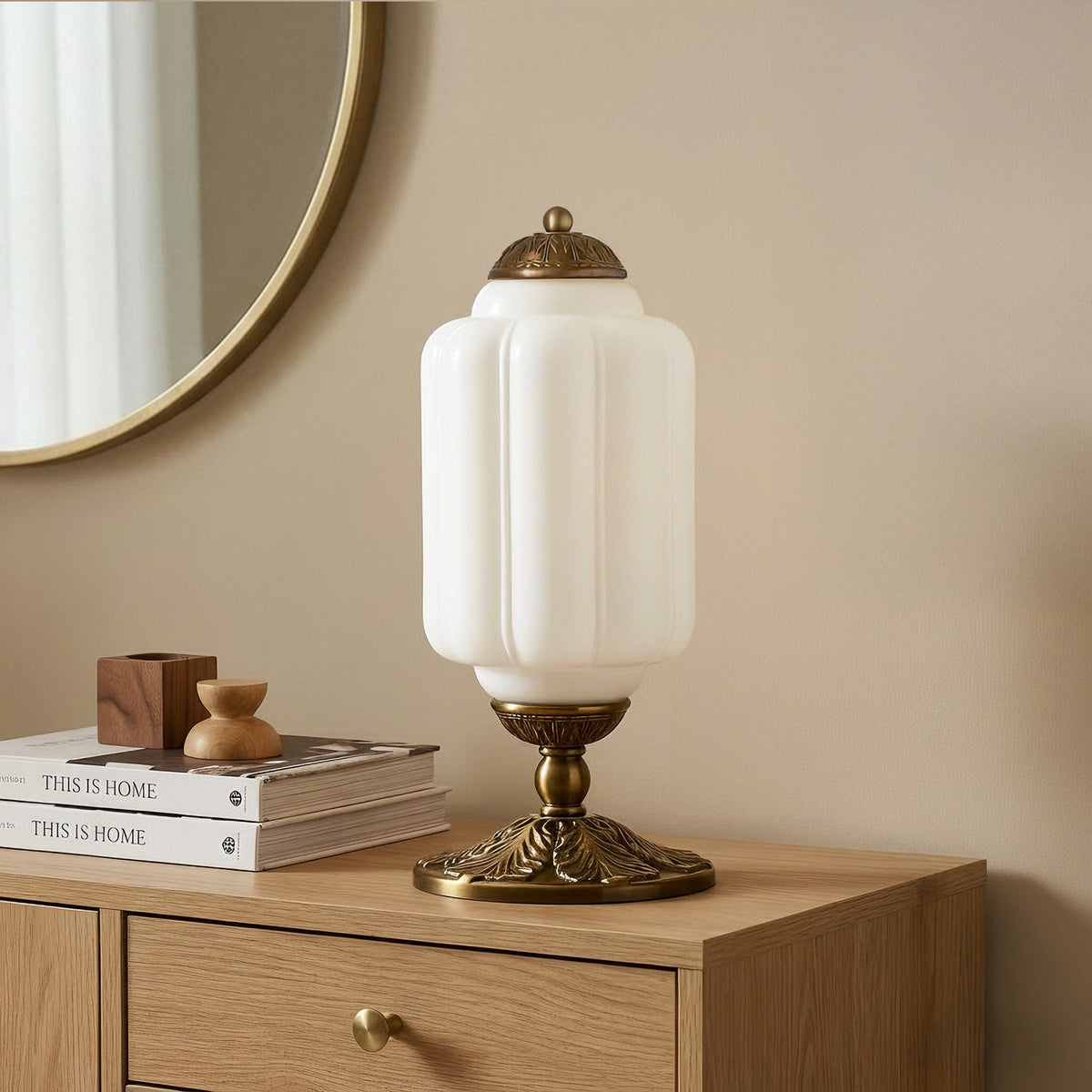 French Retro Cream Glass Table Lamp, Brass Base