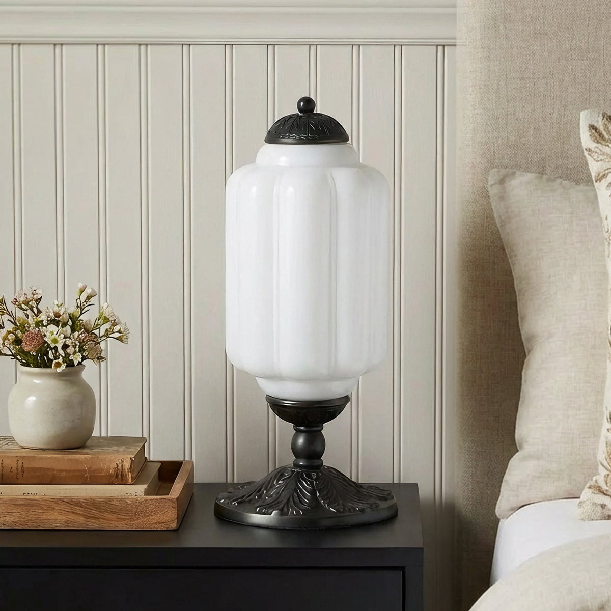 French Retro Cream Glass Table Lamp, Brass Base