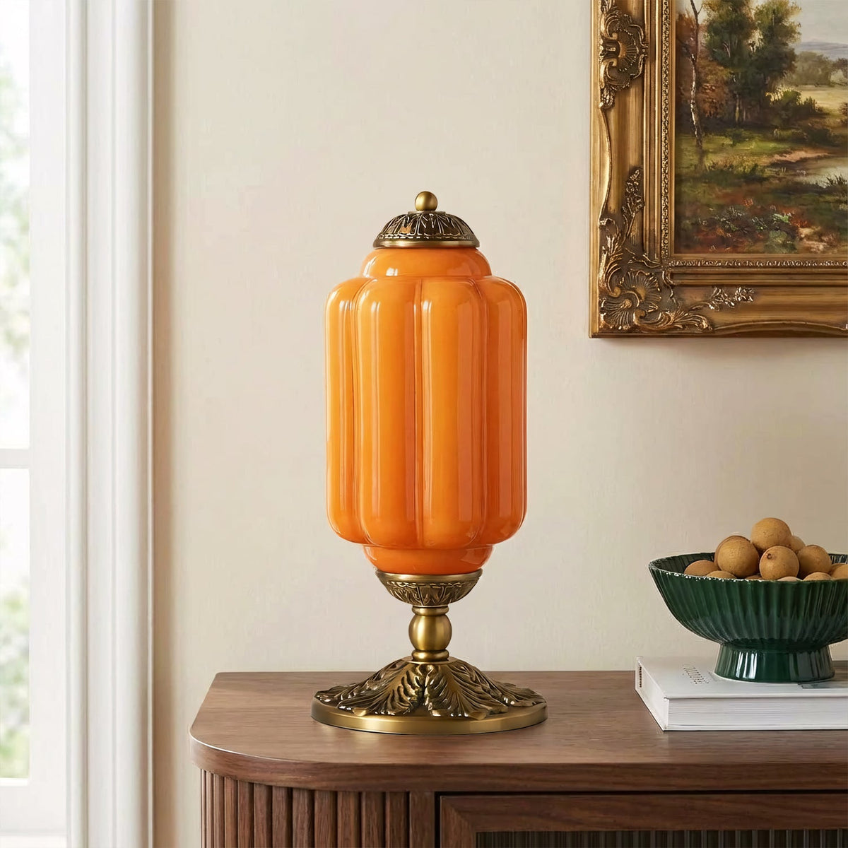 French Retro Cream Glass Table Lamp, Brass Base