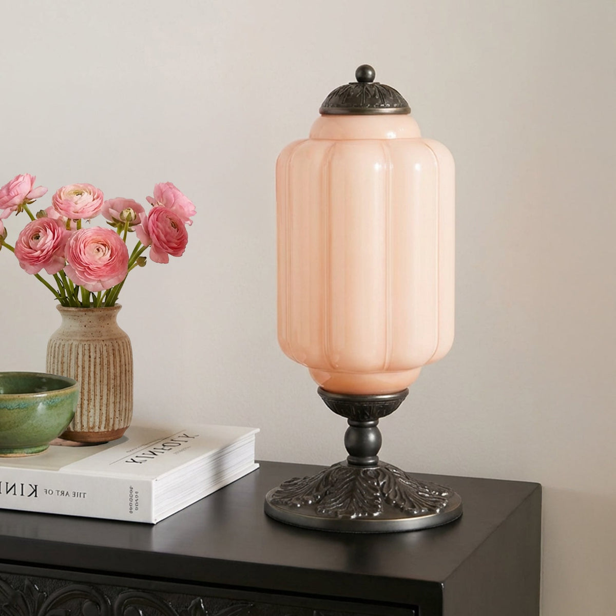 French Retro Cream Glass Table Lamp, Brass Base