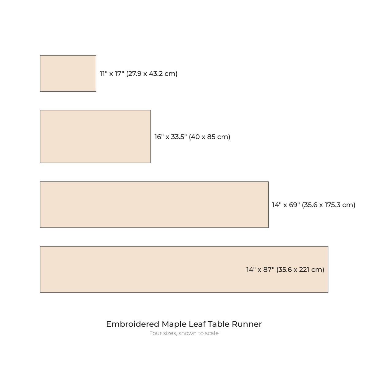 Embroidered maple leaf runner sizes: 11 by 17, 16 by 33.5, 14 by 69 and 14 by 87 inches