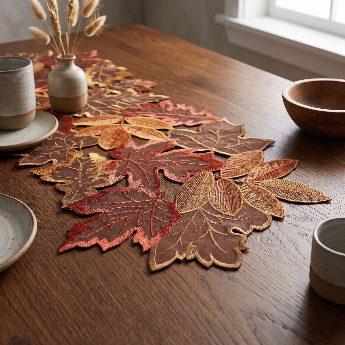 Close view of the embroidered maple and oak leaves and cutwork edge of the table runner