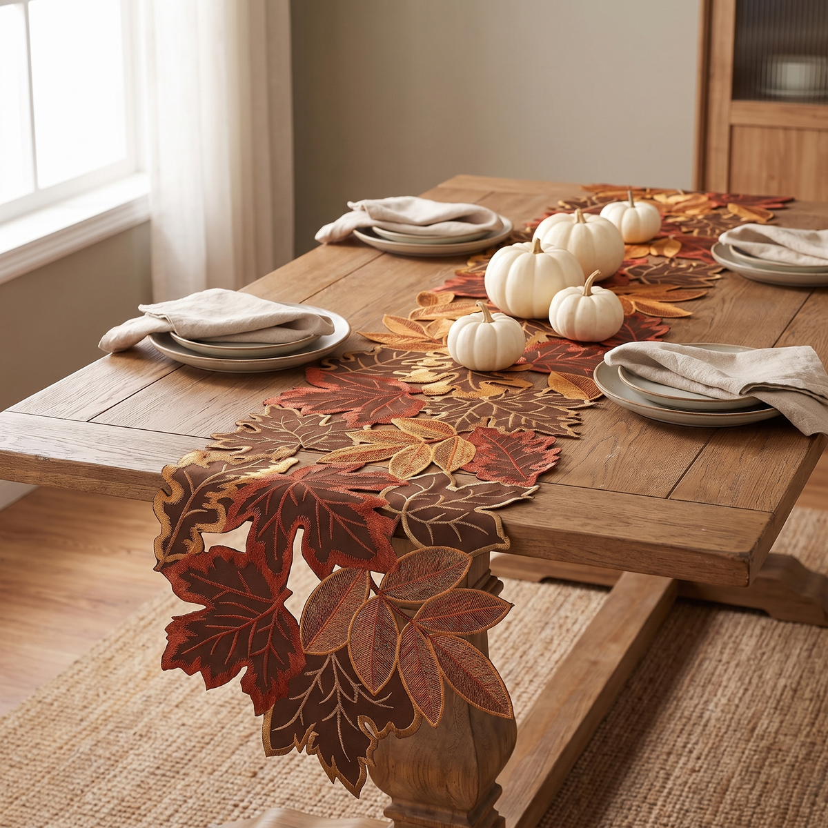 Embroidered maple leaf runner on an oak dining table set with stoneware plates and white pumpkins