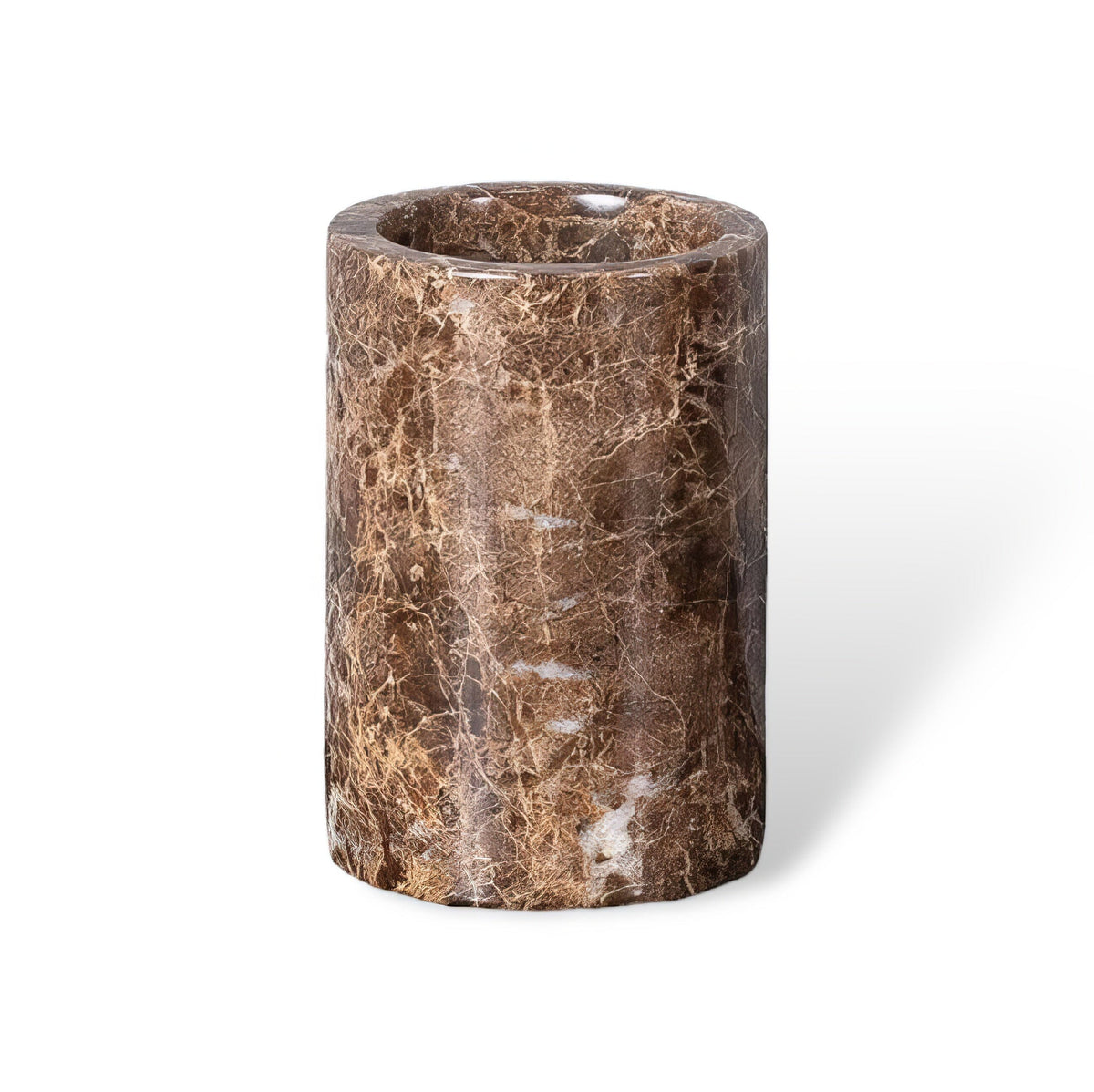 Emperador marble toothbrush holder, round on white