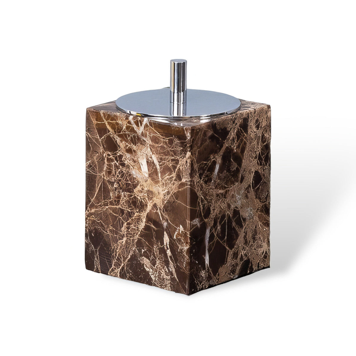 Emperador marble swab box, square, silver lid on white
