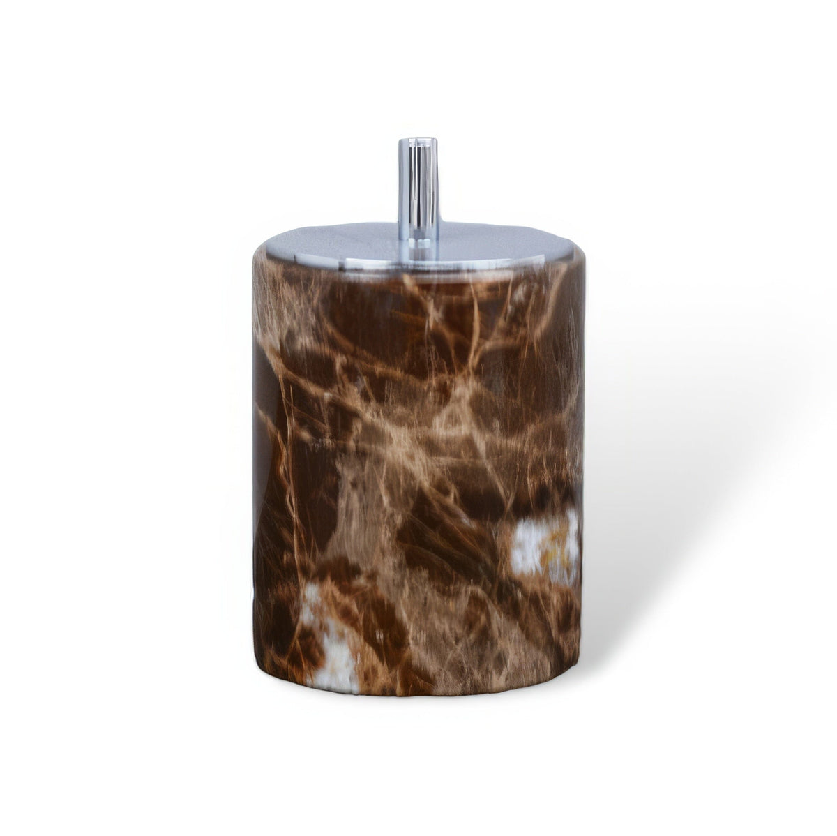 Emperador marble swab box, round, silver lid on white