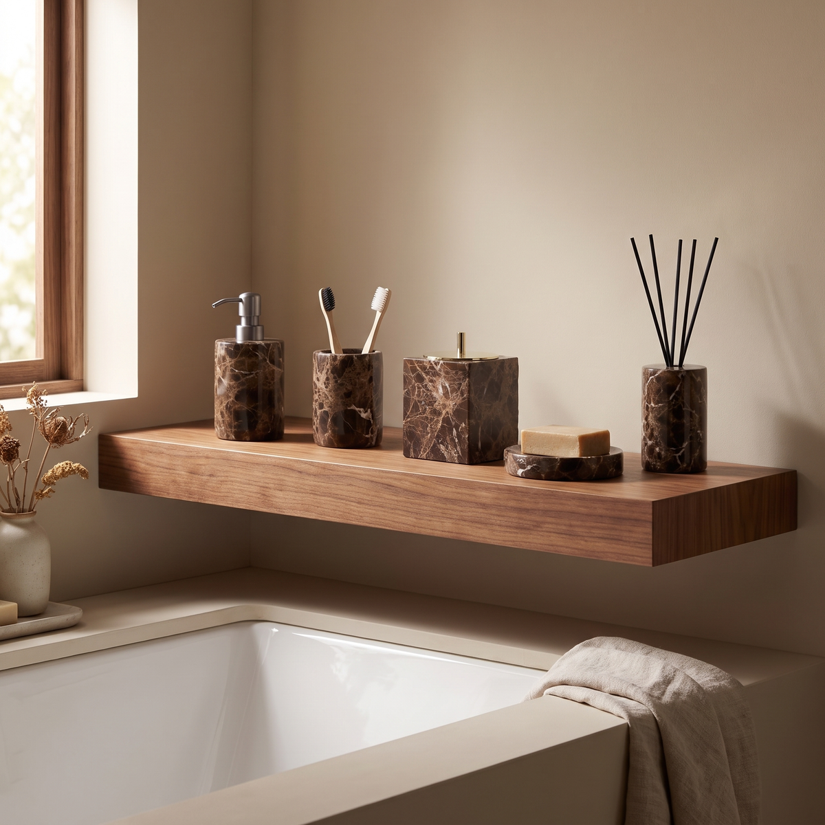 A mix of Emperador marble bathroom pieces arranged on a counter